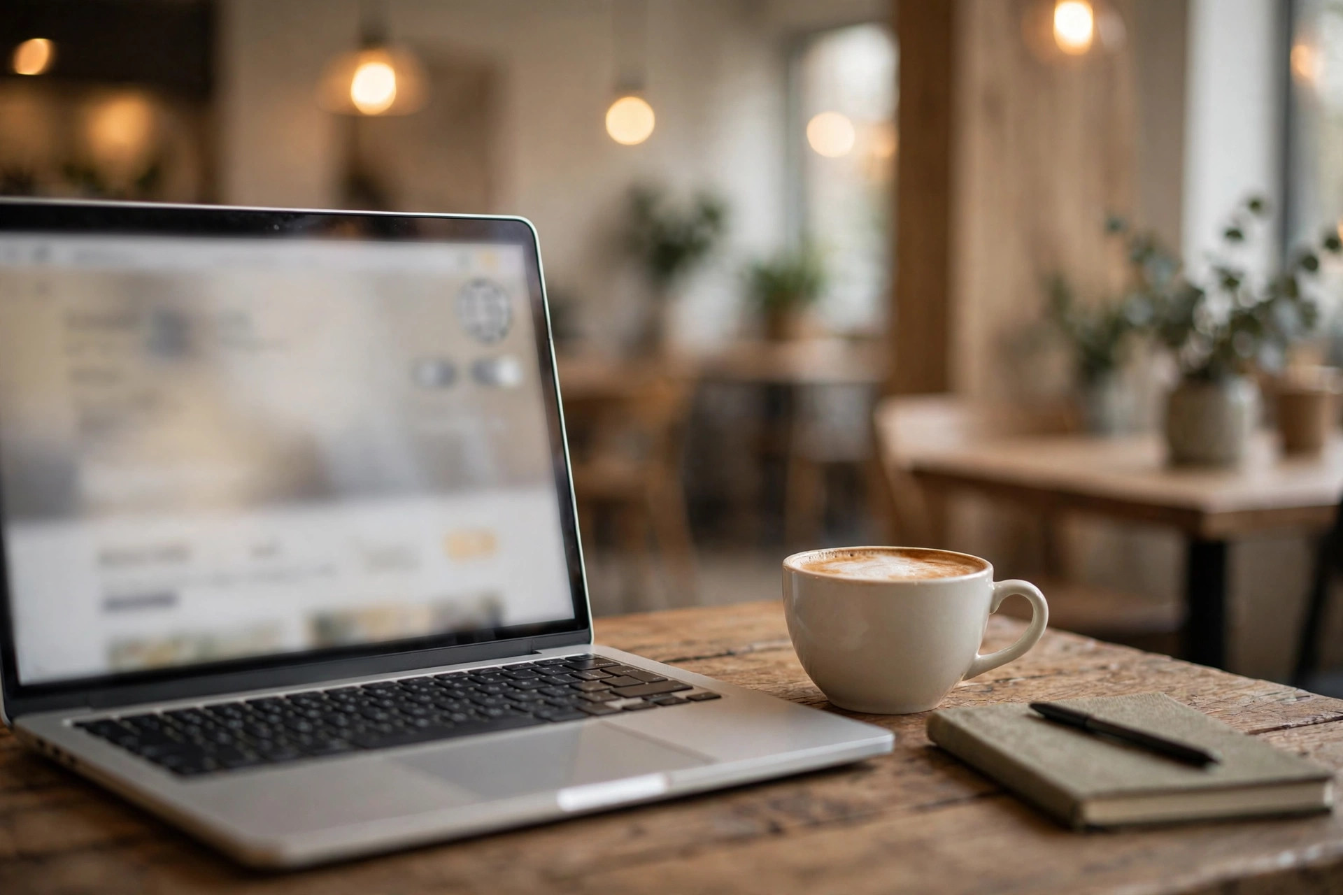 Laptop displaying a restaurant website with language options beside a coffee cup in a Scandinavian café