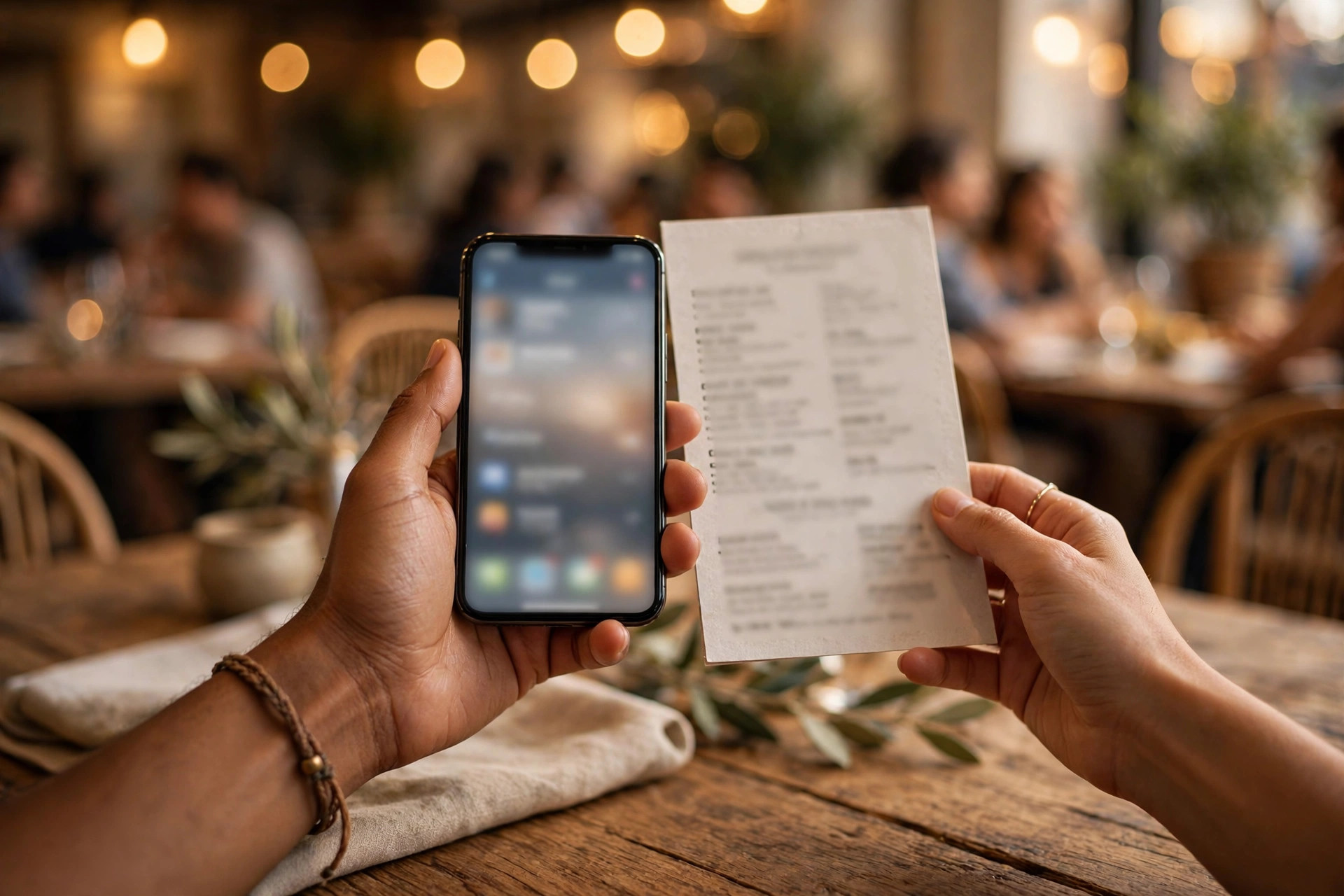 Diner holding a smartphone and a printed restaurant menu at a wooden restaurant table, illustrating bilingual dining
