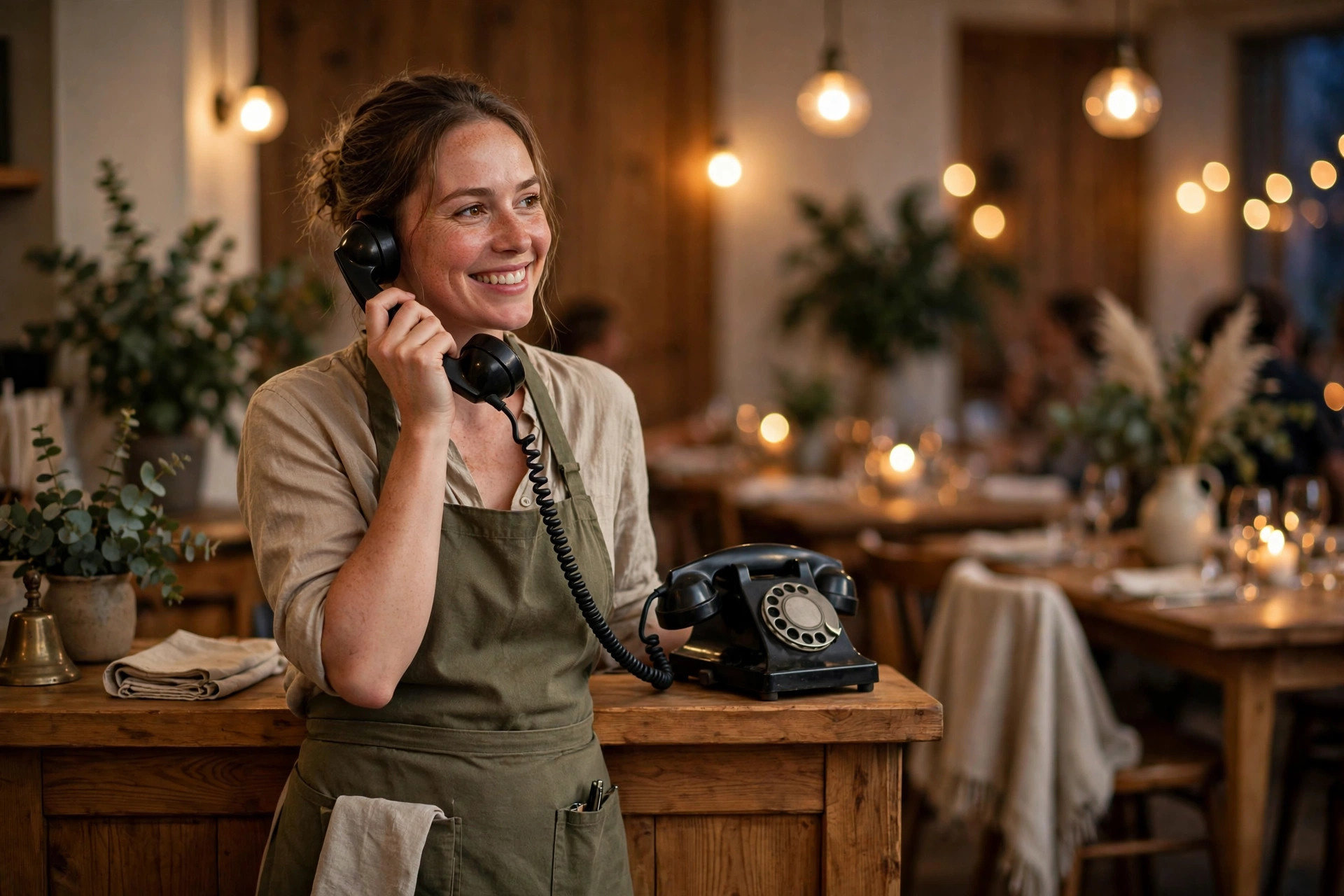 Restaurangvärdinna som glatt svarar i telefon vid värdskapet