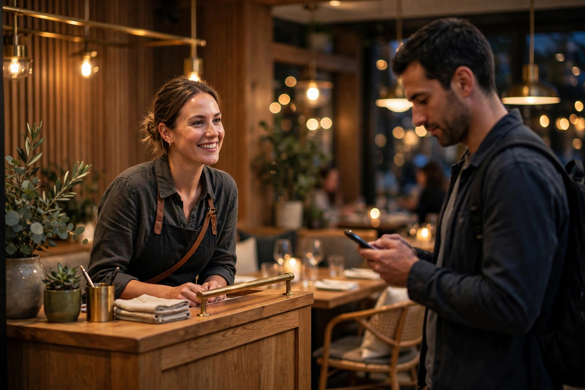 Värd som välkomnar en gäst vid entrén till en modern nordisk restaurang på kvällen