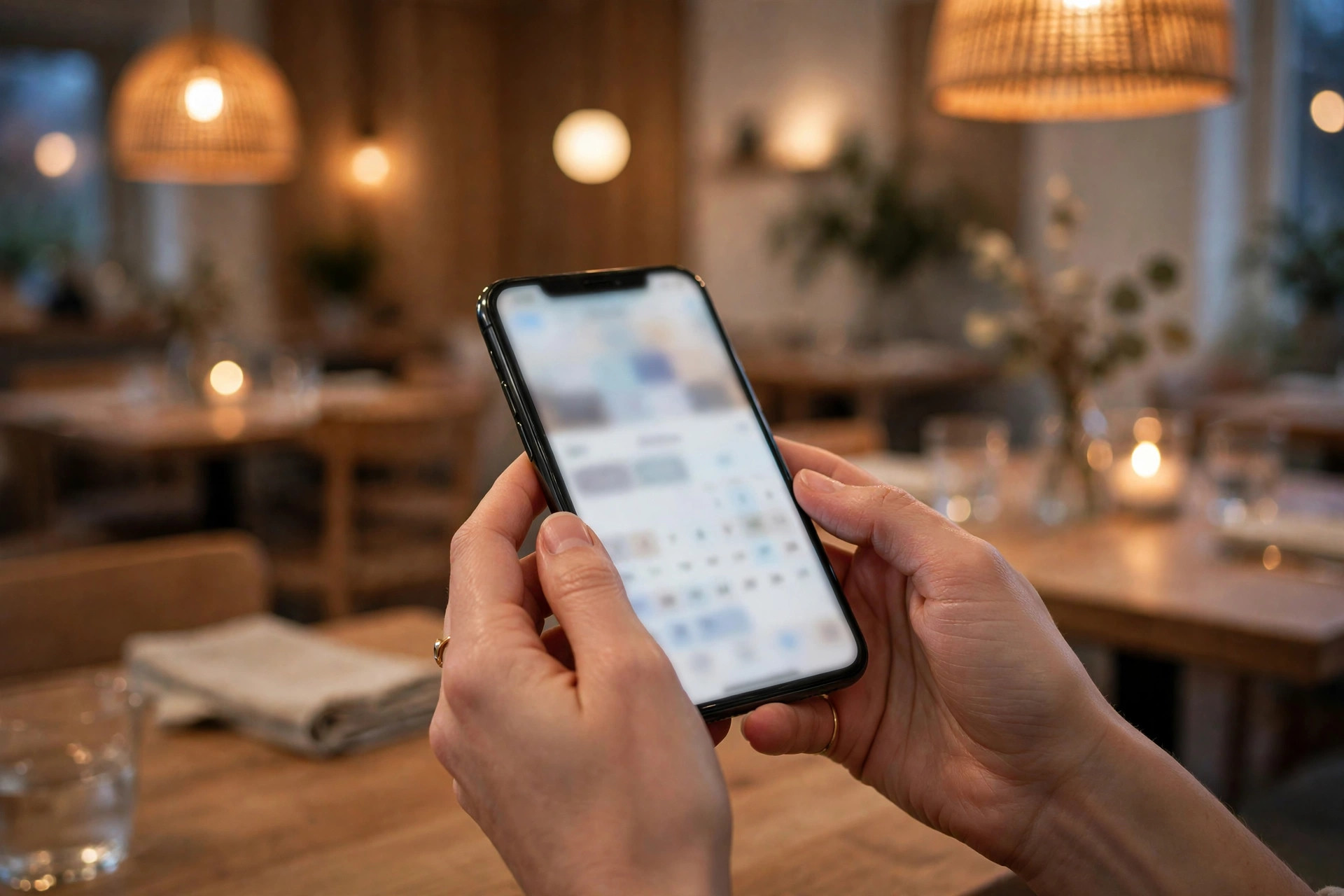Gäst som håller en smarttelefon med bokningskalender vid ett bord i en mysig restaurang