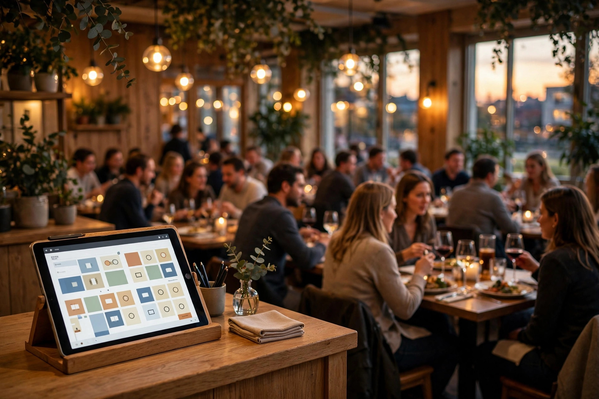 Restaurangsal i kvällsljus med värd som hanterar bordsbokningar på en surfplatta