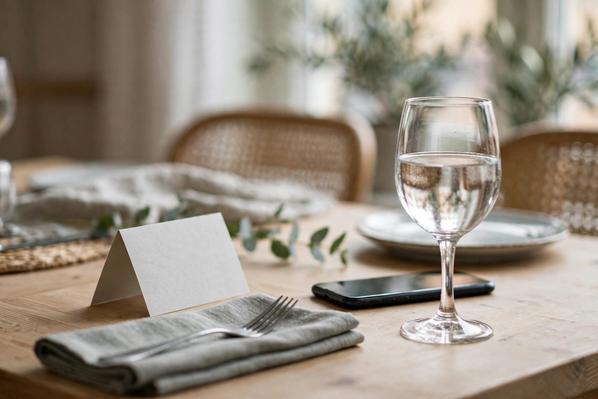 Dukat bord på skandinavisk bistro med bordskort och smarttelefon bredvid vinglas