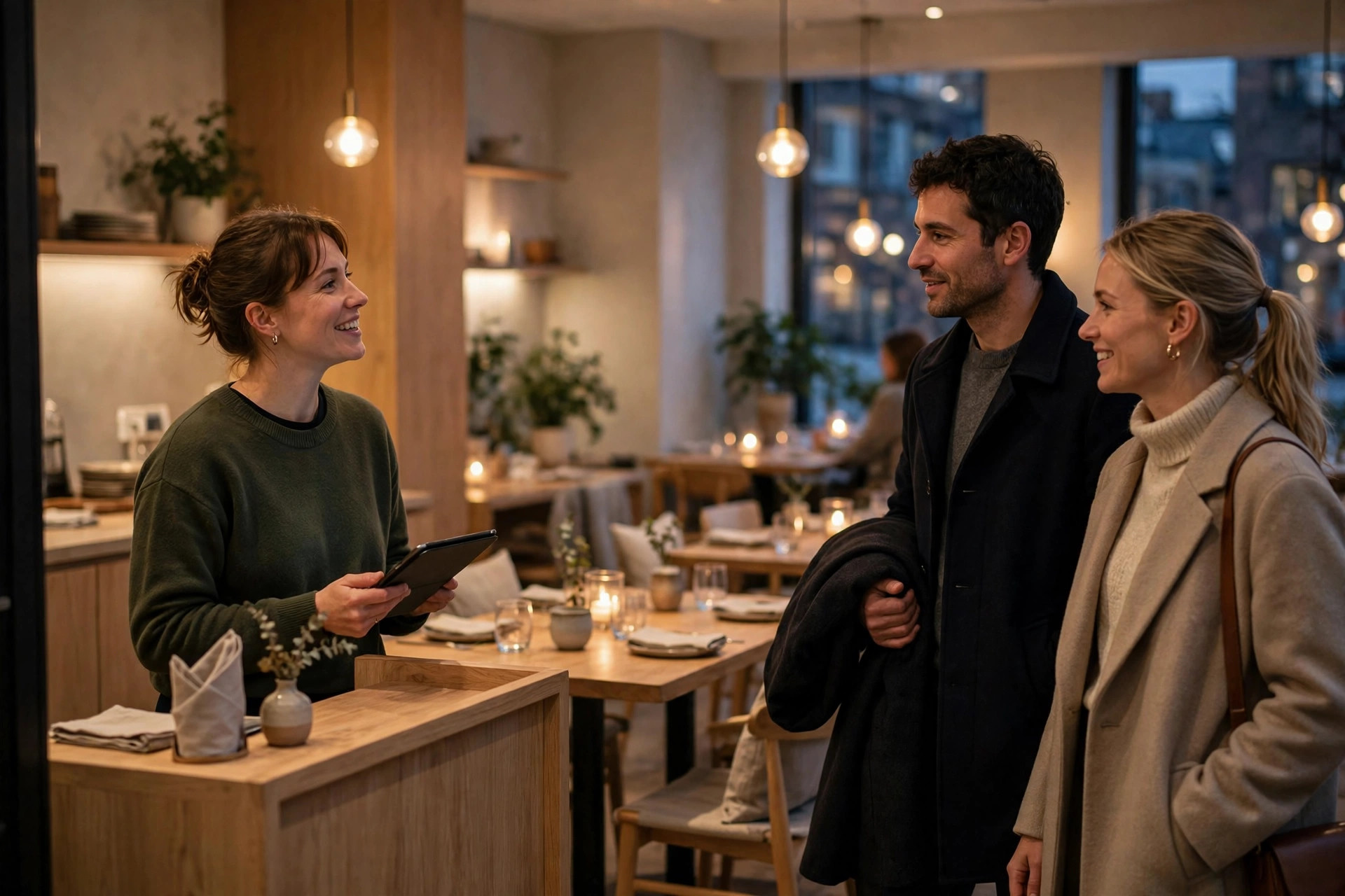 Värd hälsar gäster välkomna vid entrén i en varm, modern restaurang
