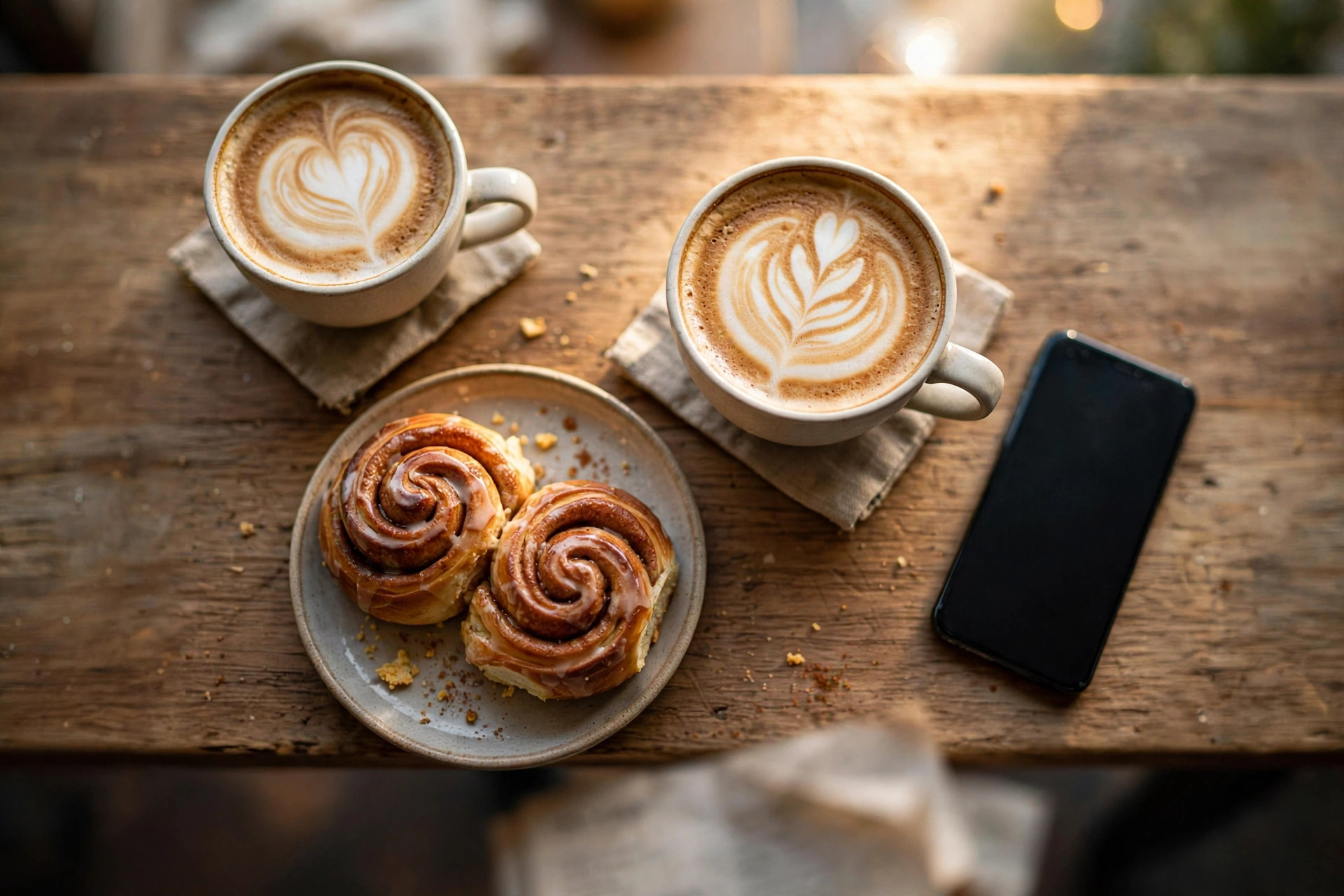 Kafébord fotograferat ovanifrån med cappuccino, kanelbullar och en pappersbokningslista