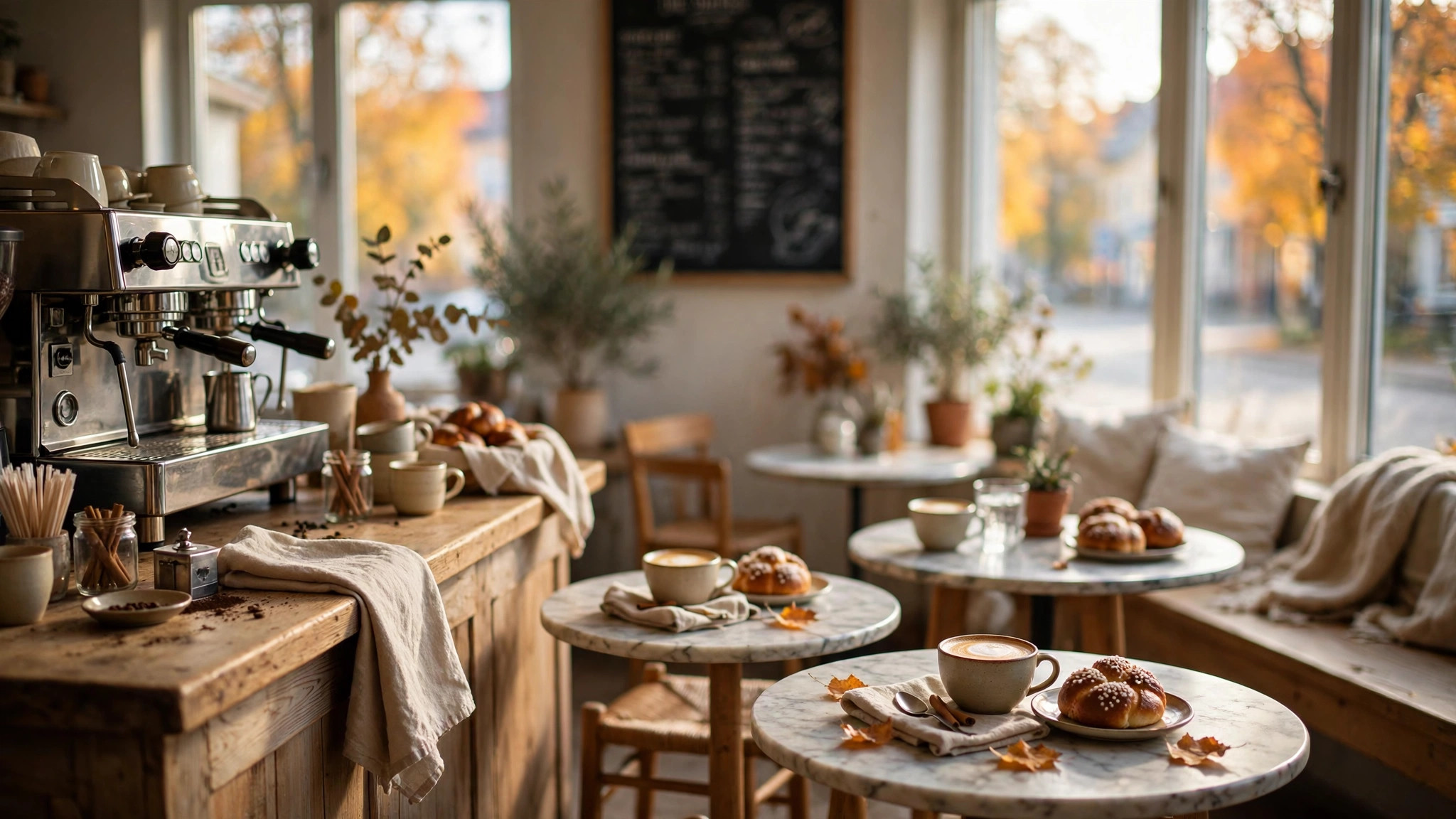 Mysigt svenskt kafé en höstmorgon med baristadisk och marmorbord med kaffe och kanelbullar