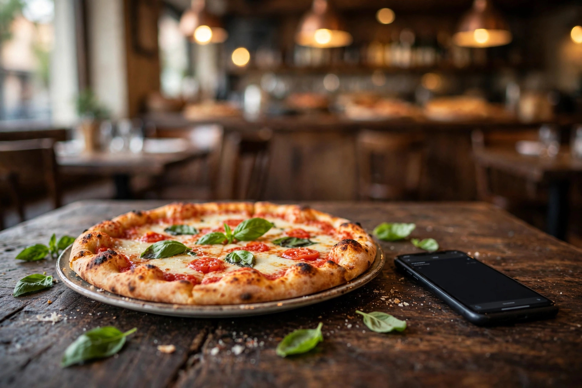 Nygräddad margheritapizza på träbord bredvid en smartphone med bokningsskärm