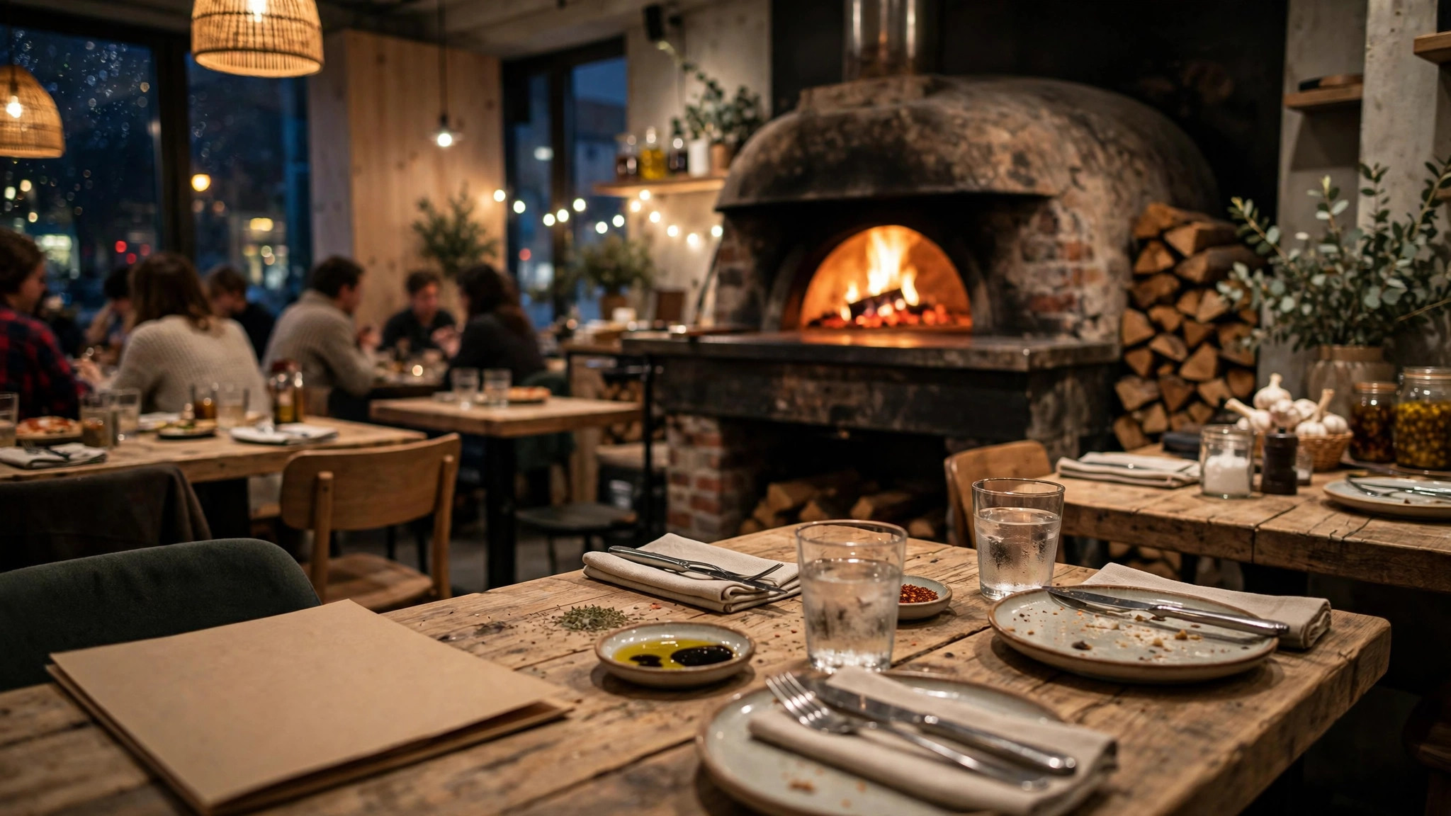 Varm pizzeria med vedeldad ugn och uppdukade träbord i kvällsljus