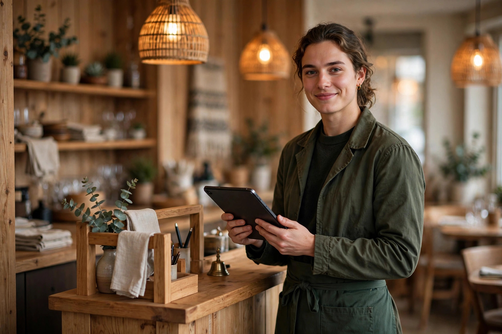 A restaurant host checking the evening's reservations on a tablet at the host stand