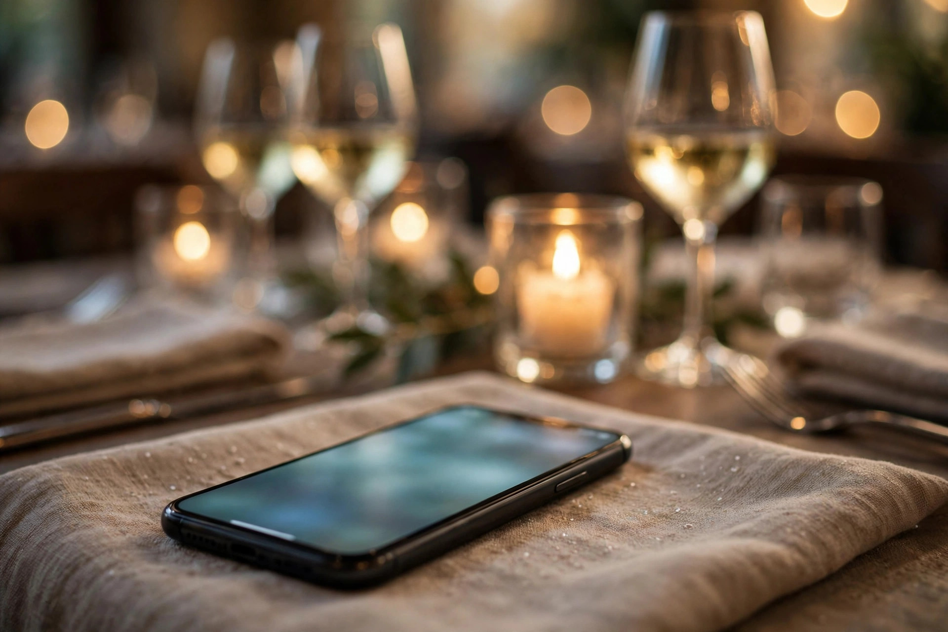 A smartphone on a restaurant table showing a booking confirmation message, with a candlelit dinner table softly blurred behind
