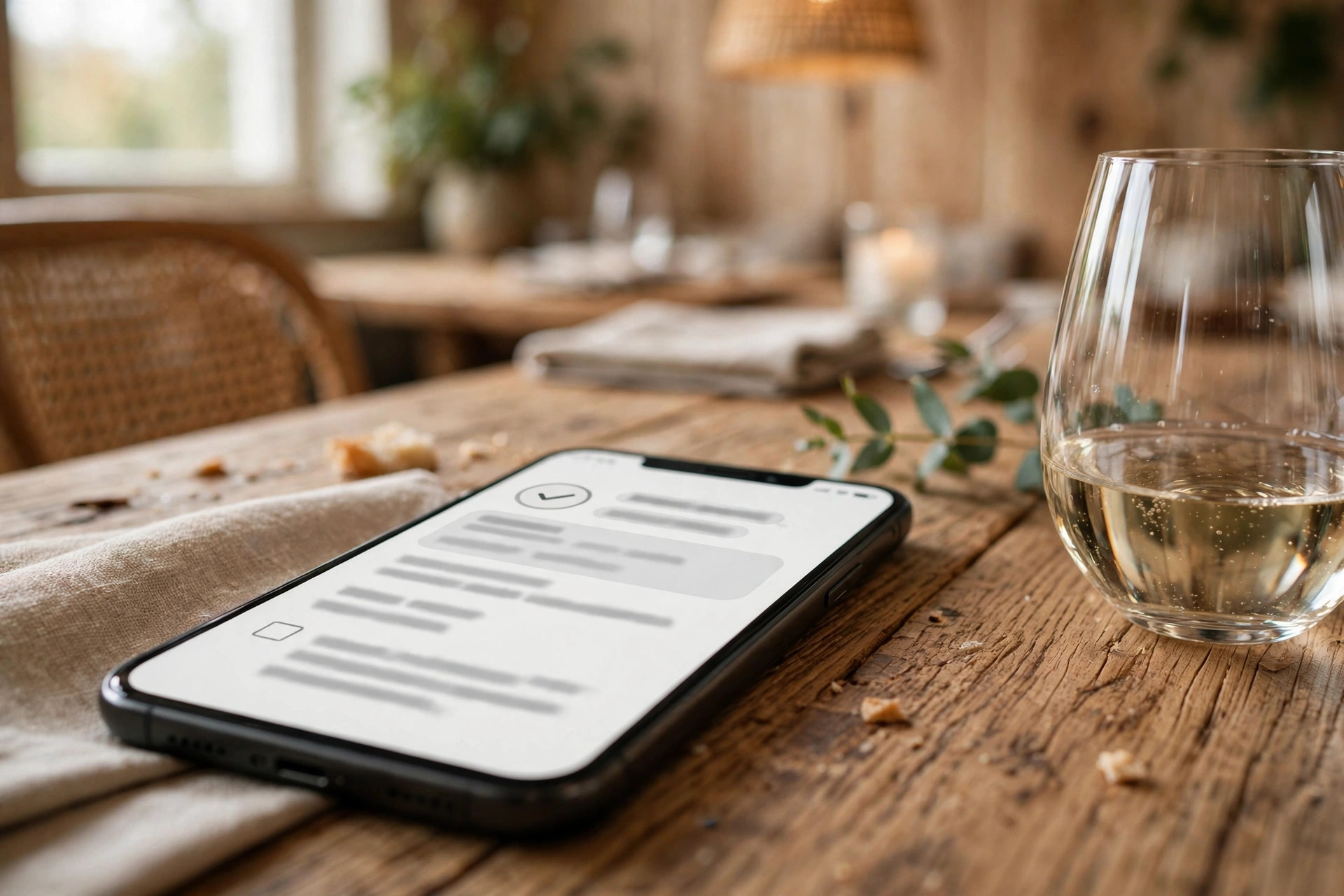 Smarttelefon på restaurantbord som viser et bookingskjema med samtykkeboks for markedsføring