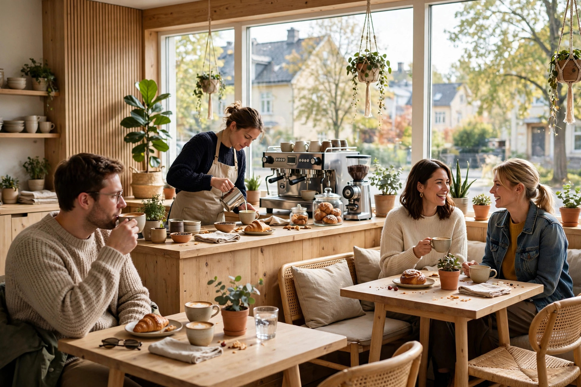 Lys skandinavisk kafé med gjester ved trebord og barista som lager kaffe bak disken