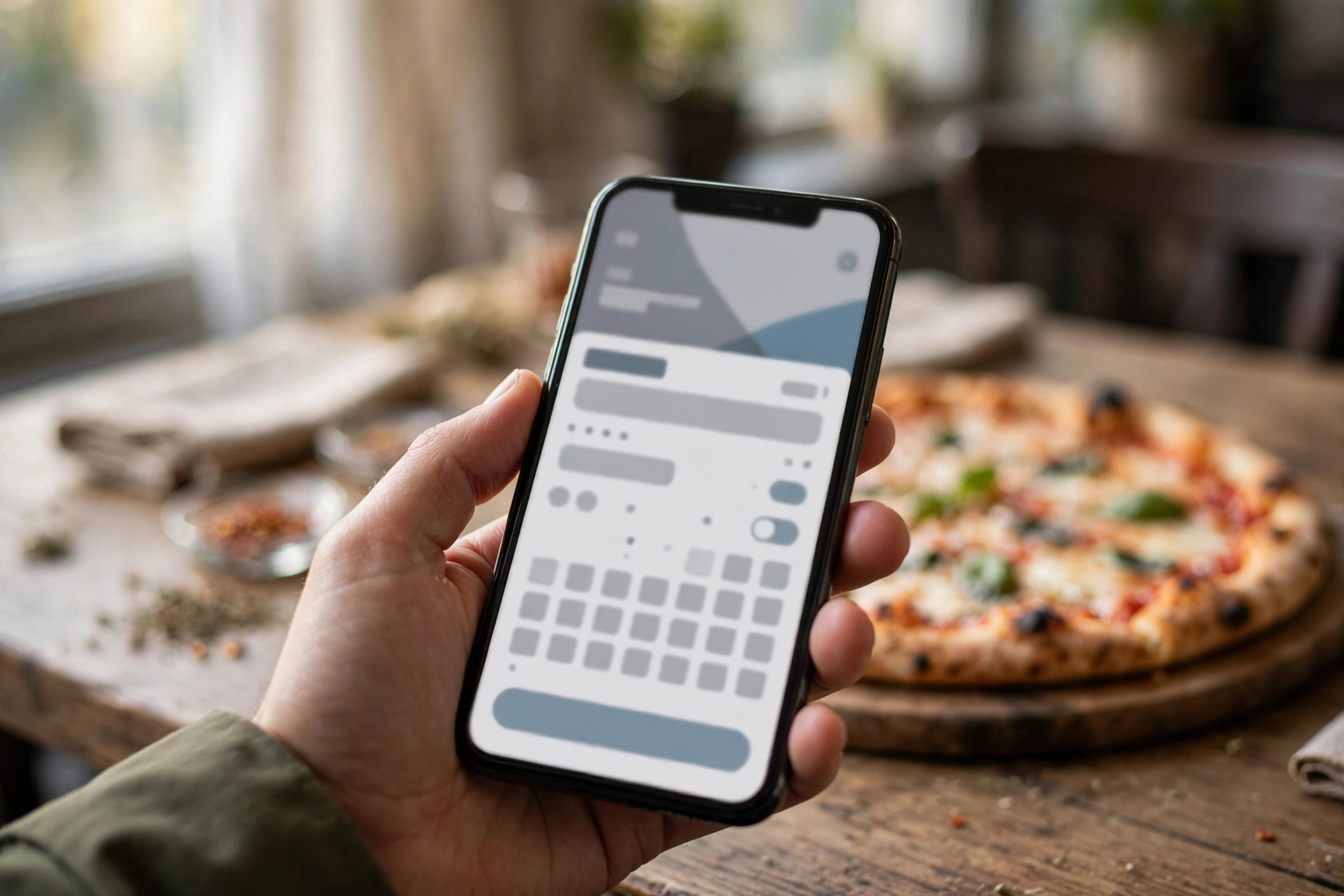 Gjest som bestiller bord på smarttelefonen ved et pizzabord i en pizzeria
