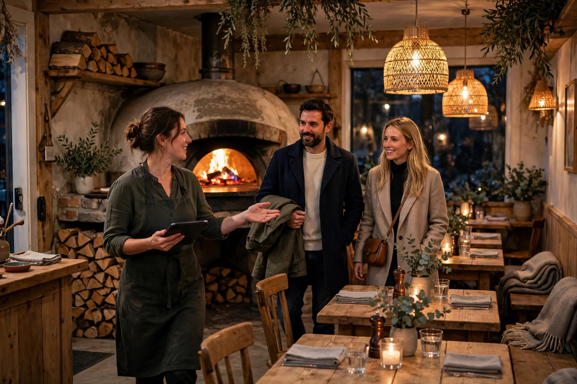 Servitør med nettbrett viser gjester til bordet ved vedfyrt pizzaovn i en koselig pizzeria