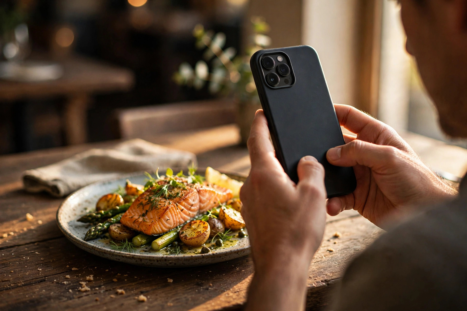 Mobiltelefon som fotograferer en vakker lakserett på et trebord i restaurant