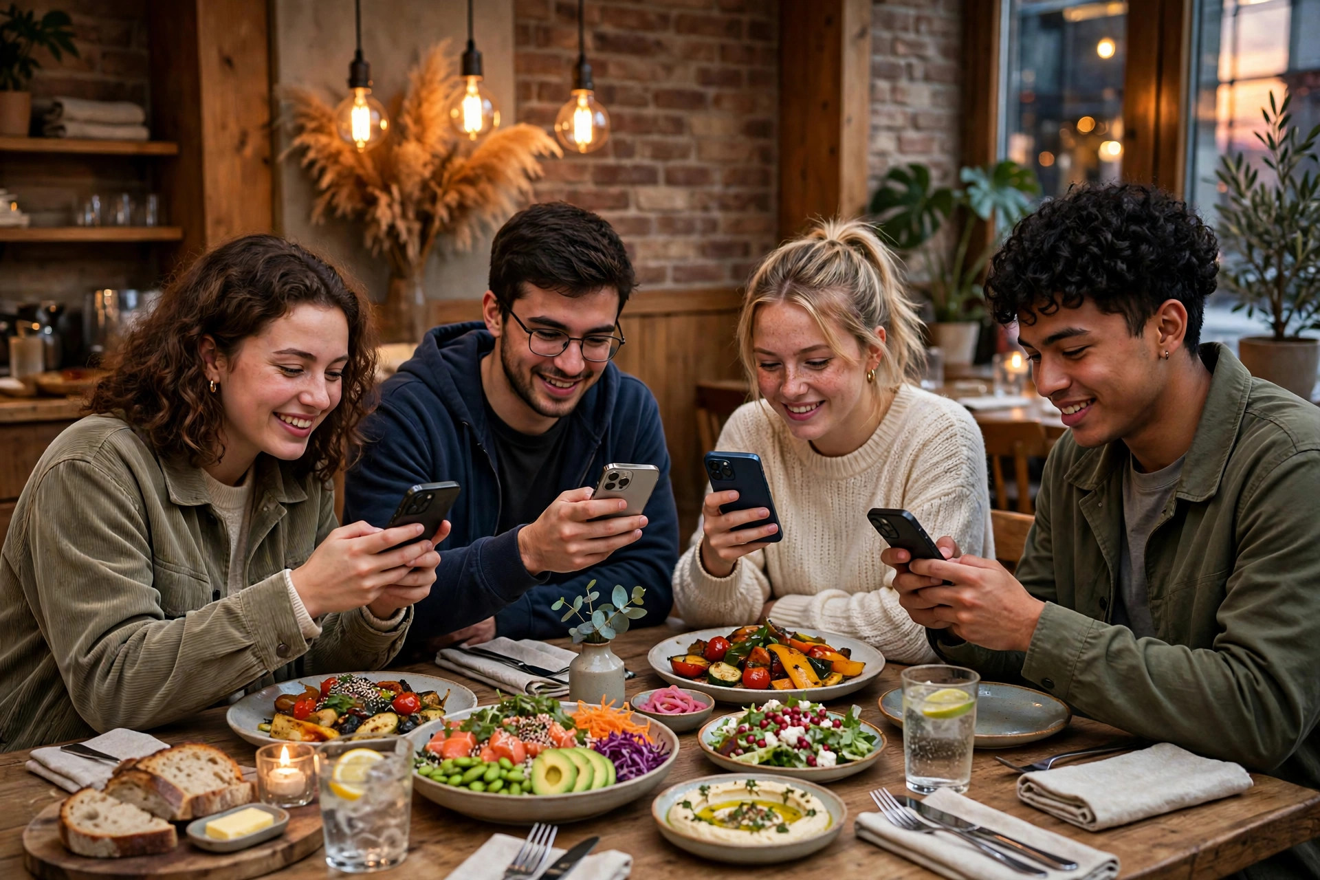 Glade restaurantgjester som fotograferer maten sin med mobiltelefoner ved bordet