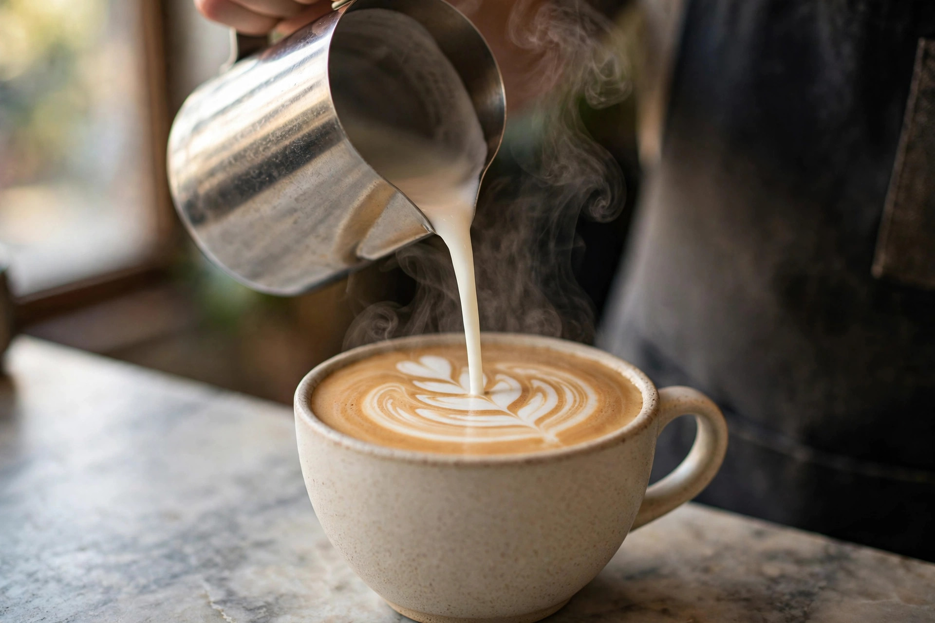 Barista pouring rosetta latte art into a ceramic cup, steam rising in soft window light
