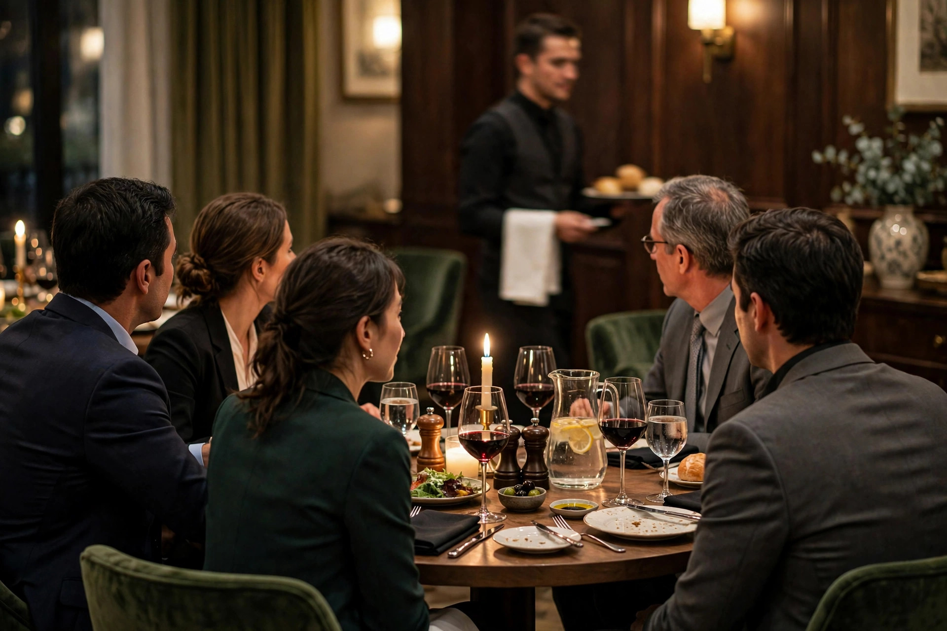Affärsmiddag i ett privat restaurangrum med tända ljus och servering