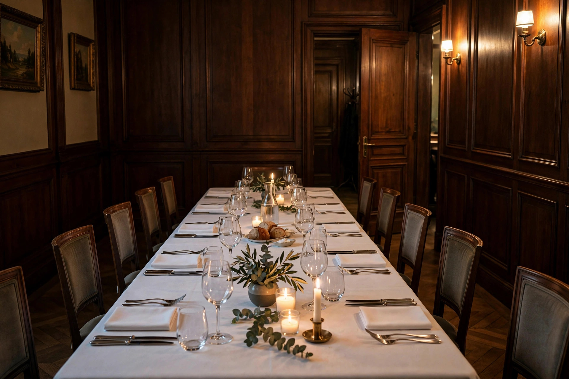 Elegant privat matrum med dukat långbord för tio gäster i varmt ljus