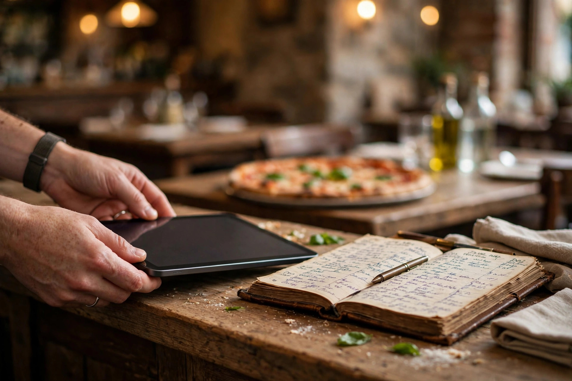 Restaurant host managing table bookings on a tablet next to a traditional reservation book in a pizzeria