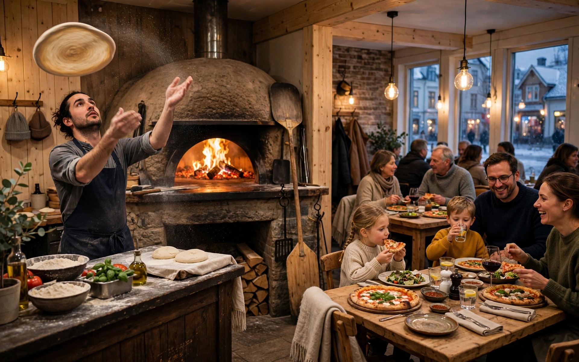 Pizzaiolo tossing dough in a busy pizzeria dining room with a wood-fired oven glowing behind