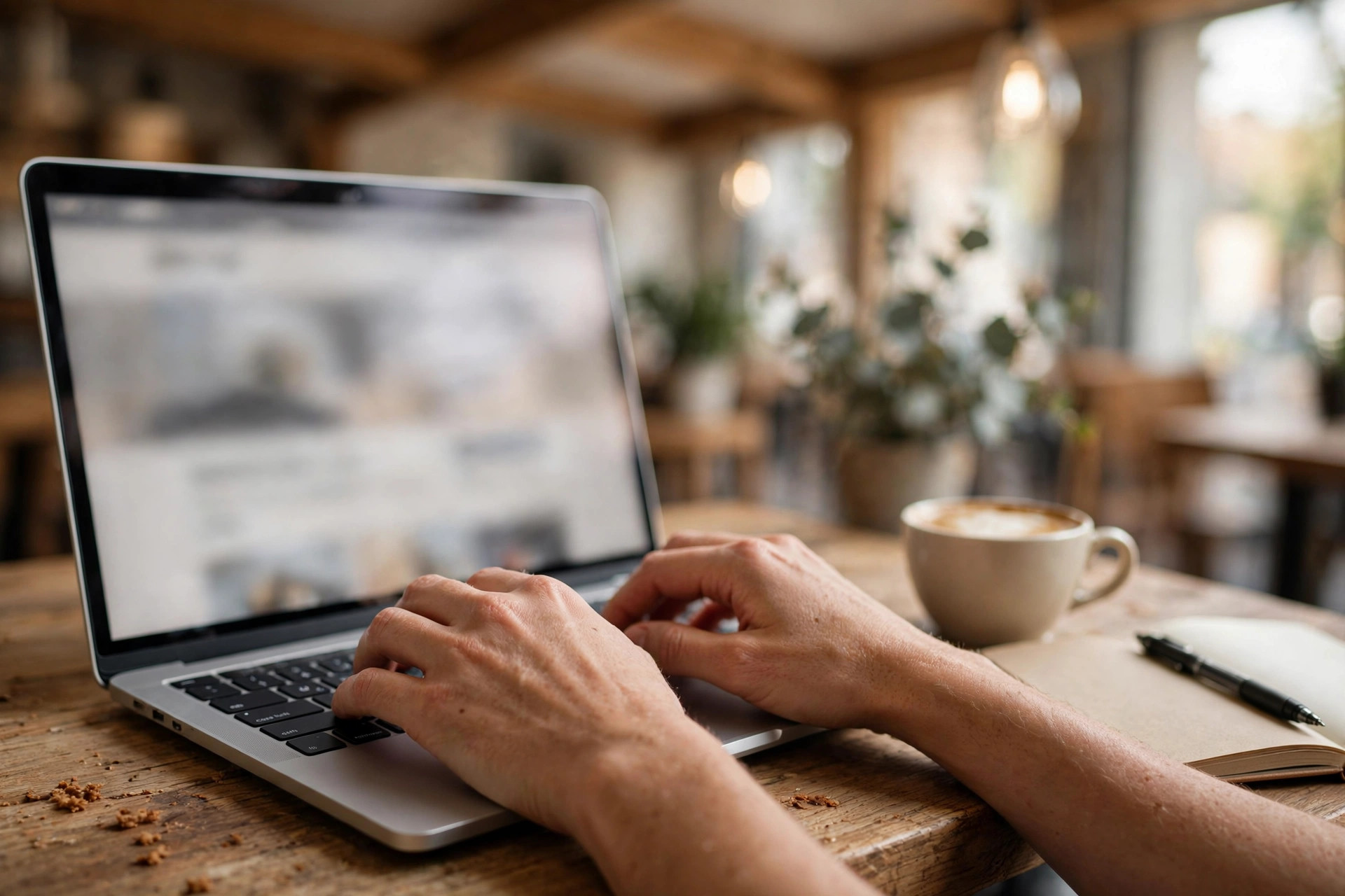 Hands typing on a laptop on a wooden café table, registering a domain name, with a notebook and coffee beside the keyboard