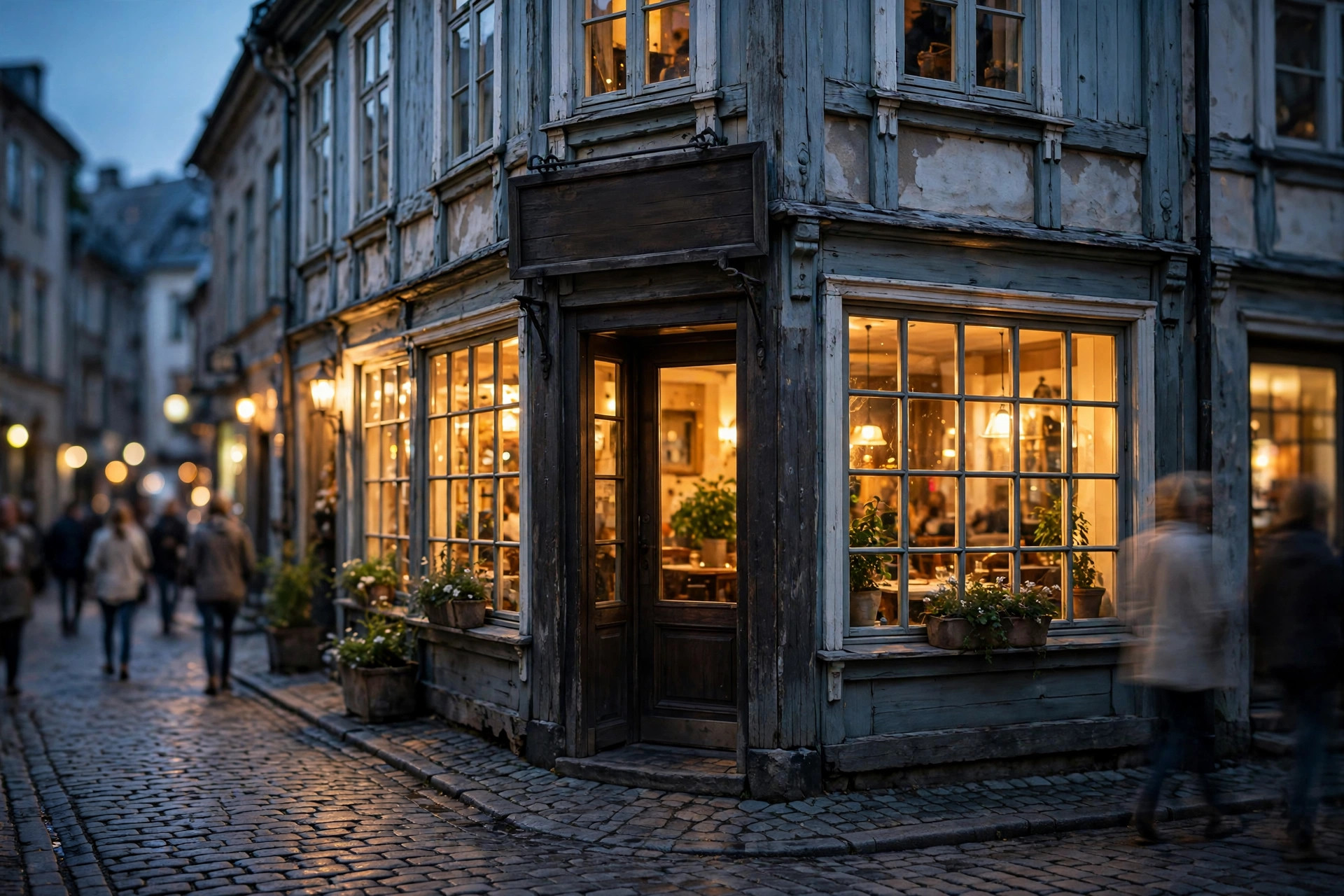 Warmly lit restaurant frontage at dusk on a cobbled Nordic street, with glowing windows and a blank wooden sign