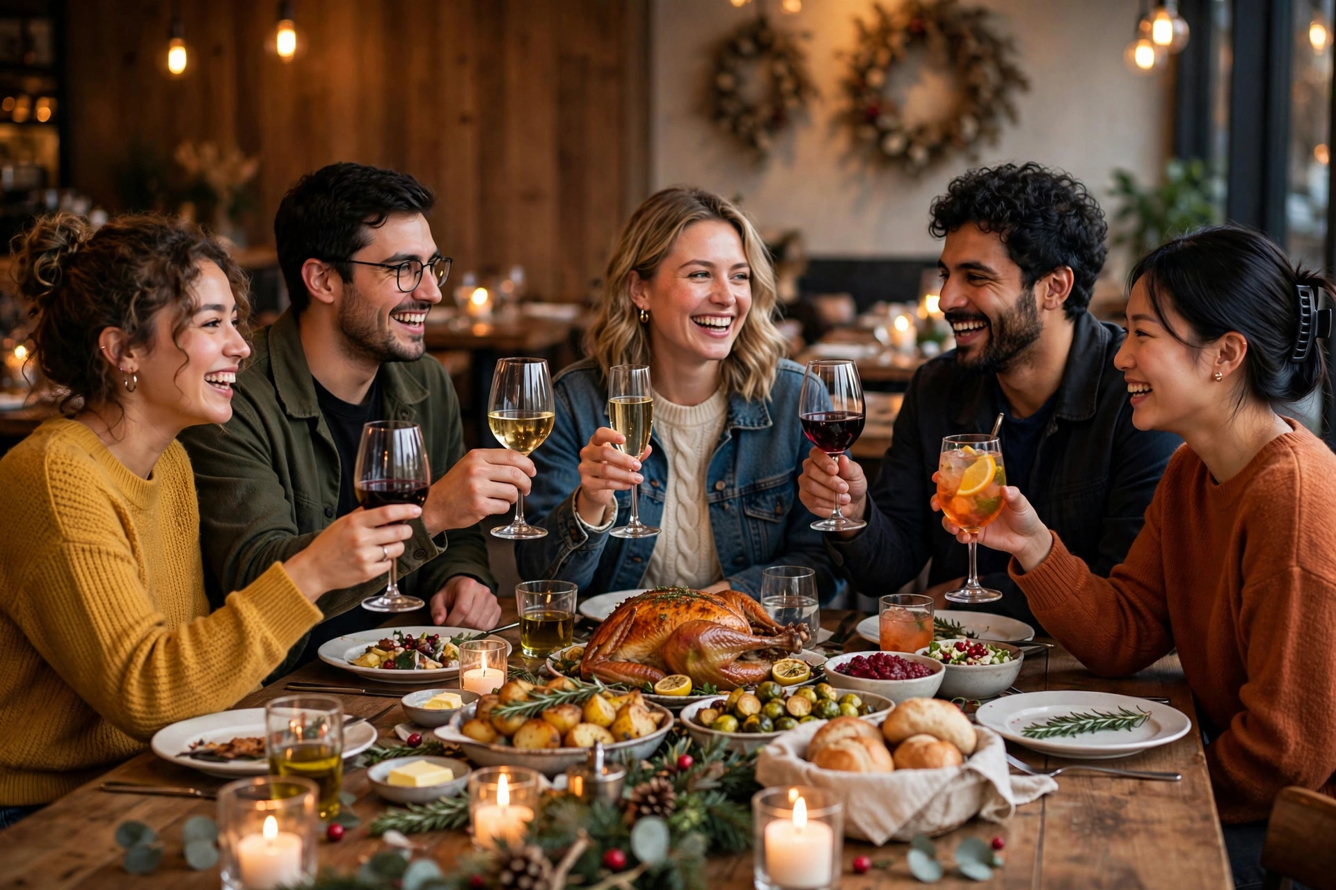 Friends raising their glasses in a toast over a festive Christmas dinner at a long restaurant table