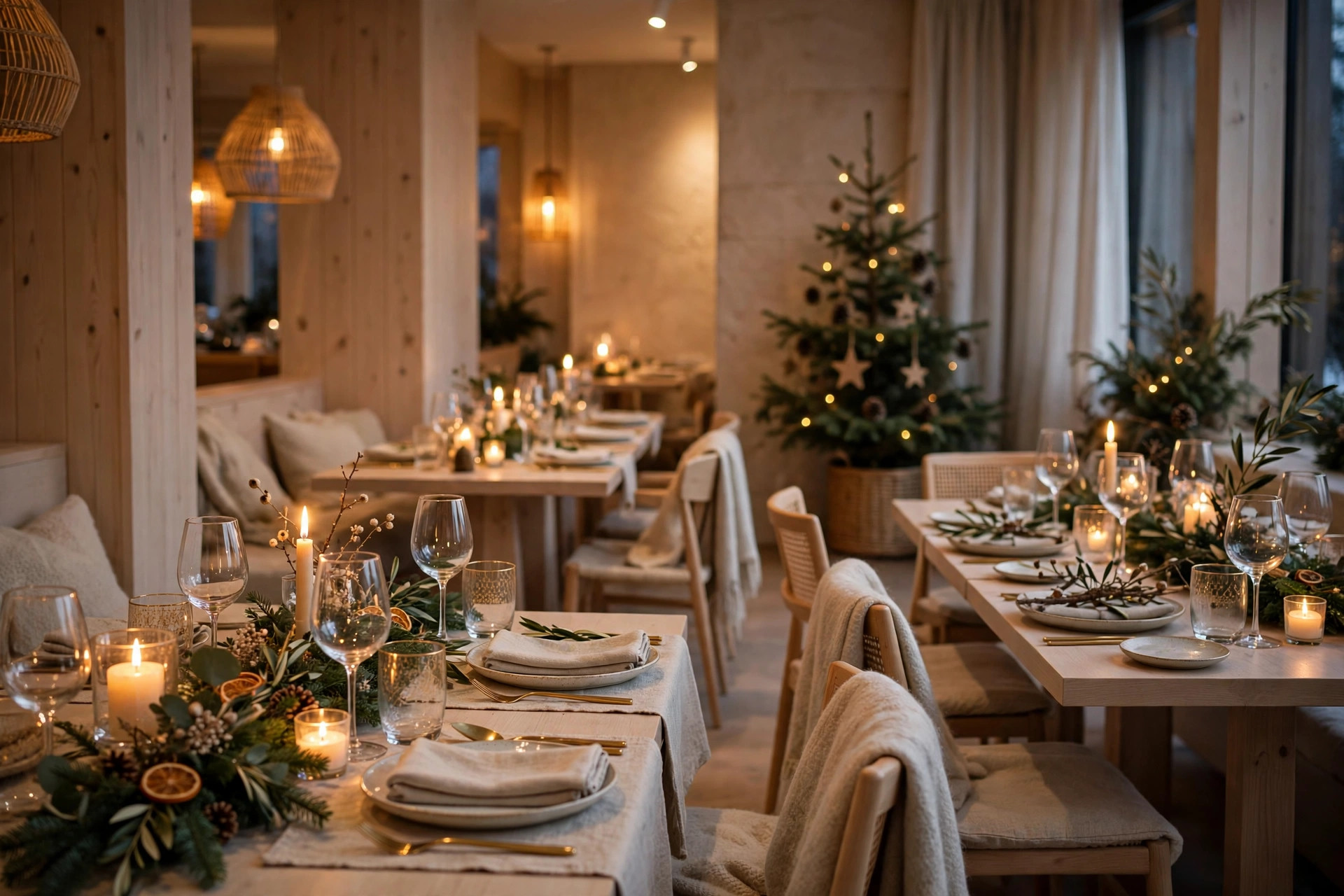 An elegant restaurant dining room decorated for Christmas with candlelit tables, greenery and festive glassware
