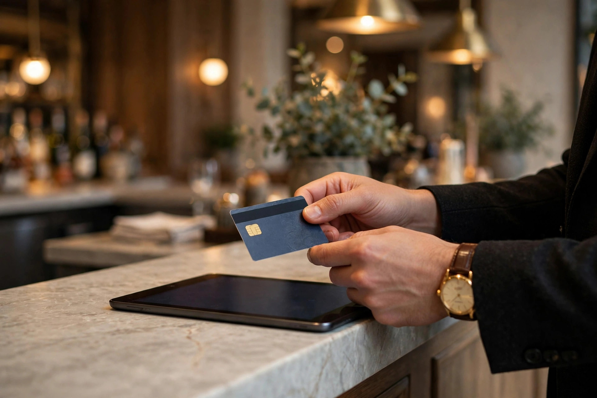 Guest's hands holding a payment card over a tablet at a restaurant reception desk