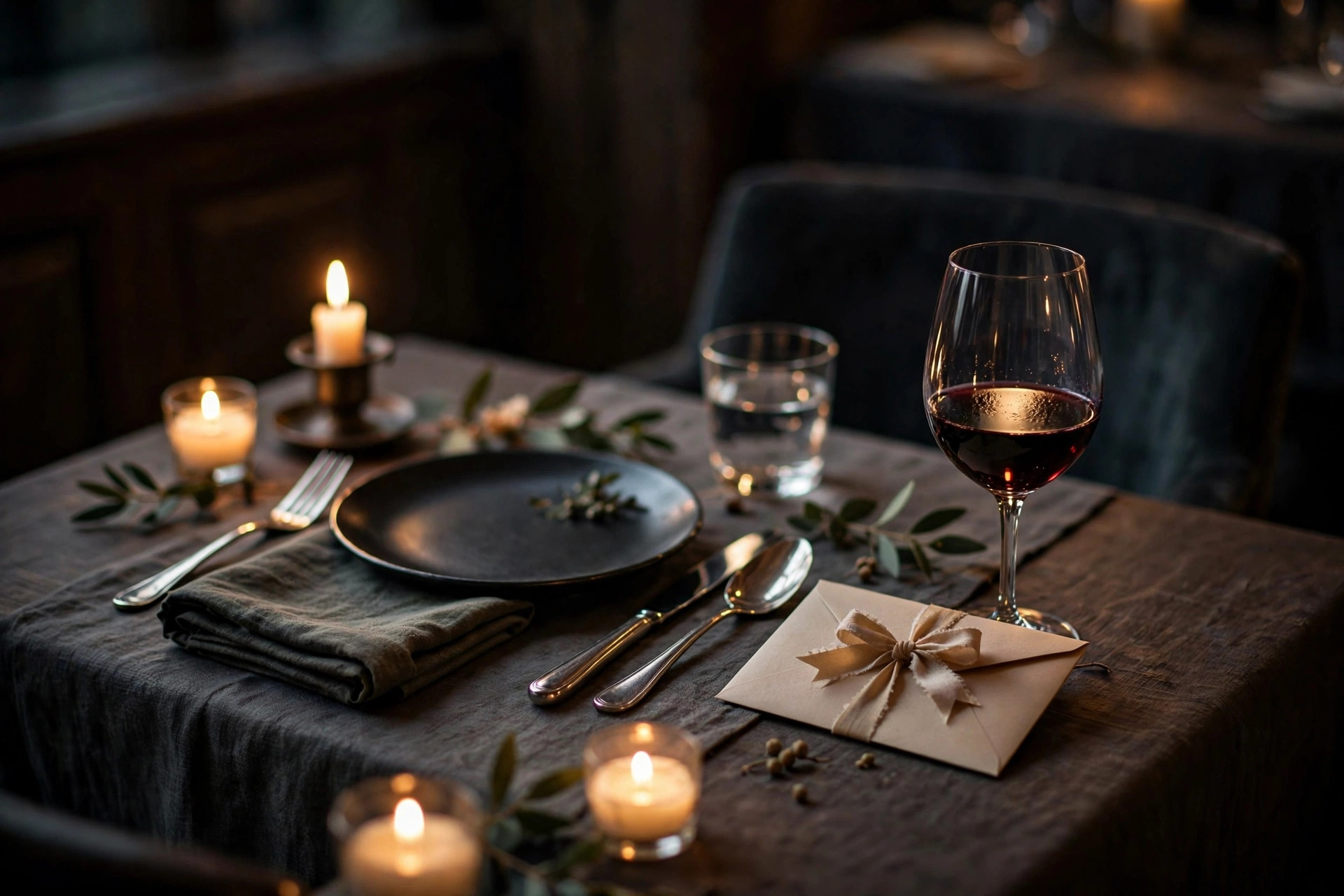 Gift envelope with ribbon on a candlelit fine-dining table beside a wine glass