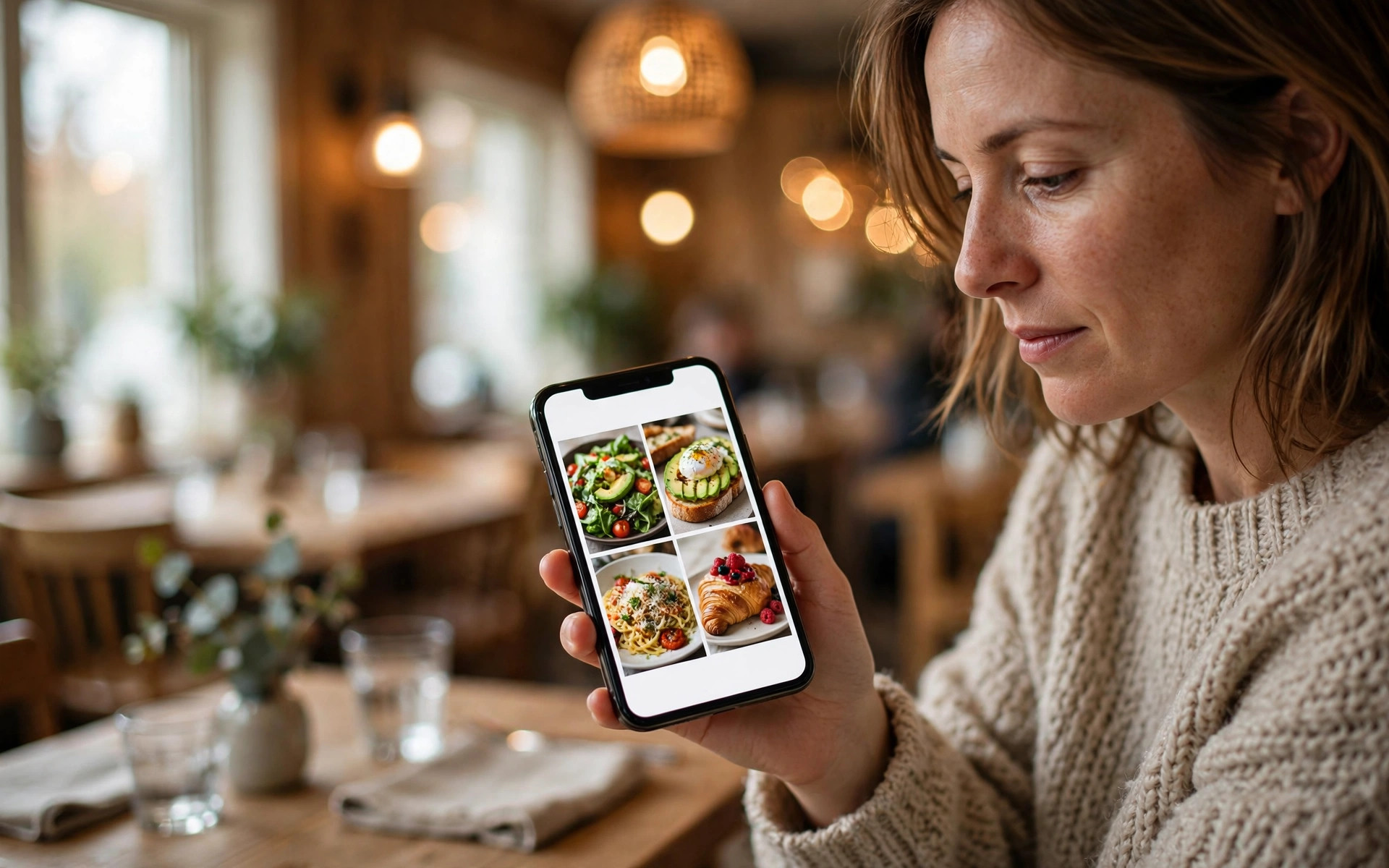Asiakas selaa digitaalista ruokalistaa älypuhelimellaan tunnelmallisessa pohjoismaisessa ravintolassa