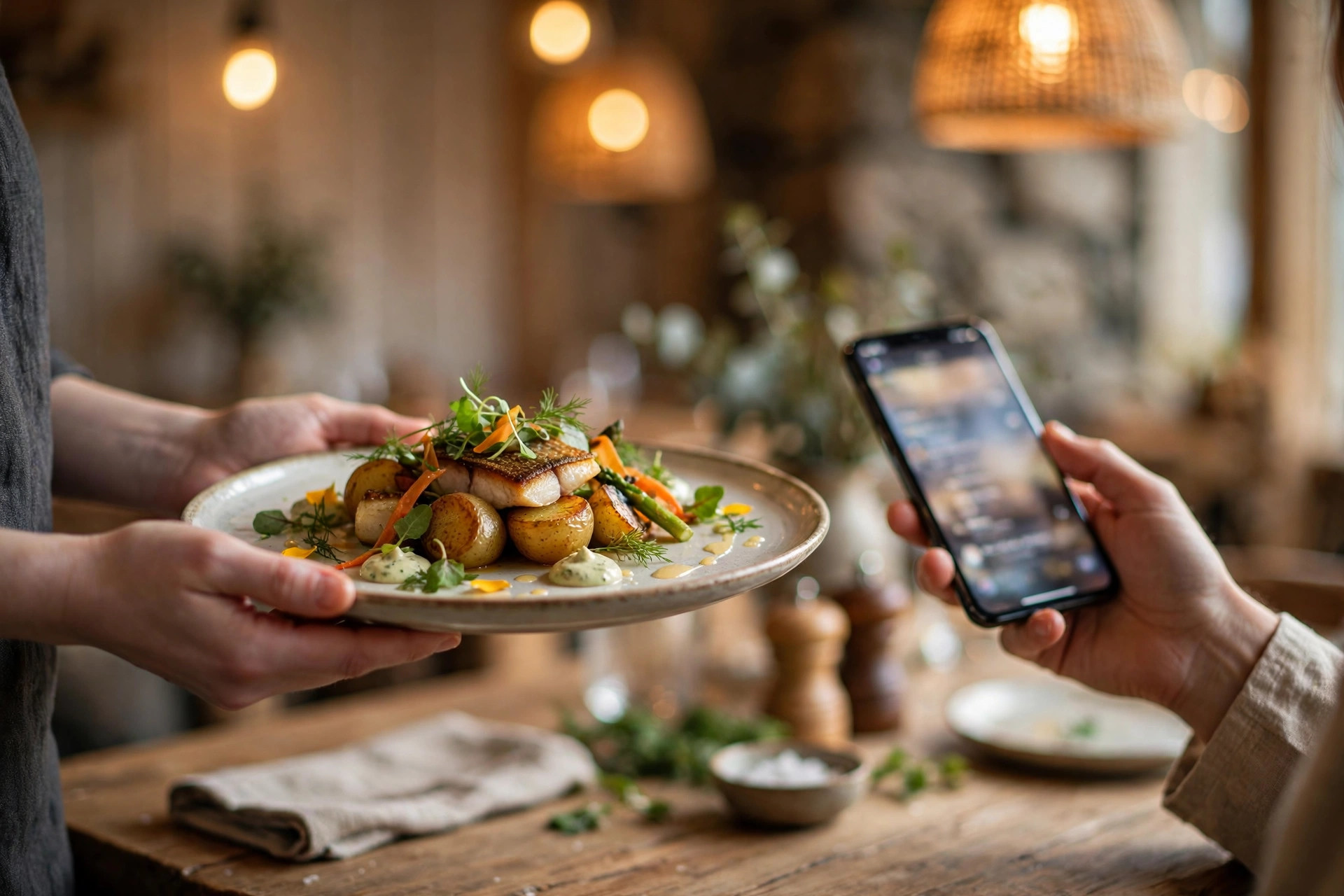 A server presenting a plated dish while a guest browses the digital menu on a phone