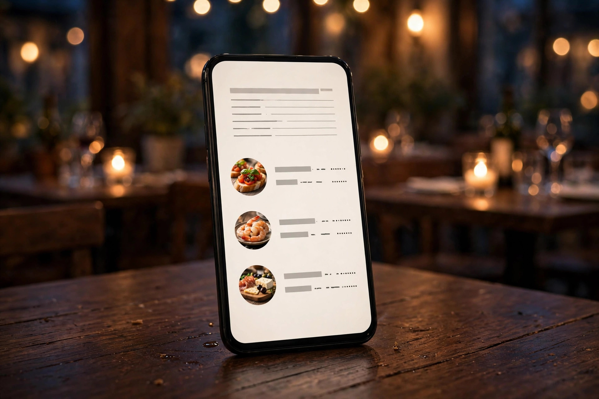 A smartphone on a candlelit restaurant table showing an elegant digital restaurant menu