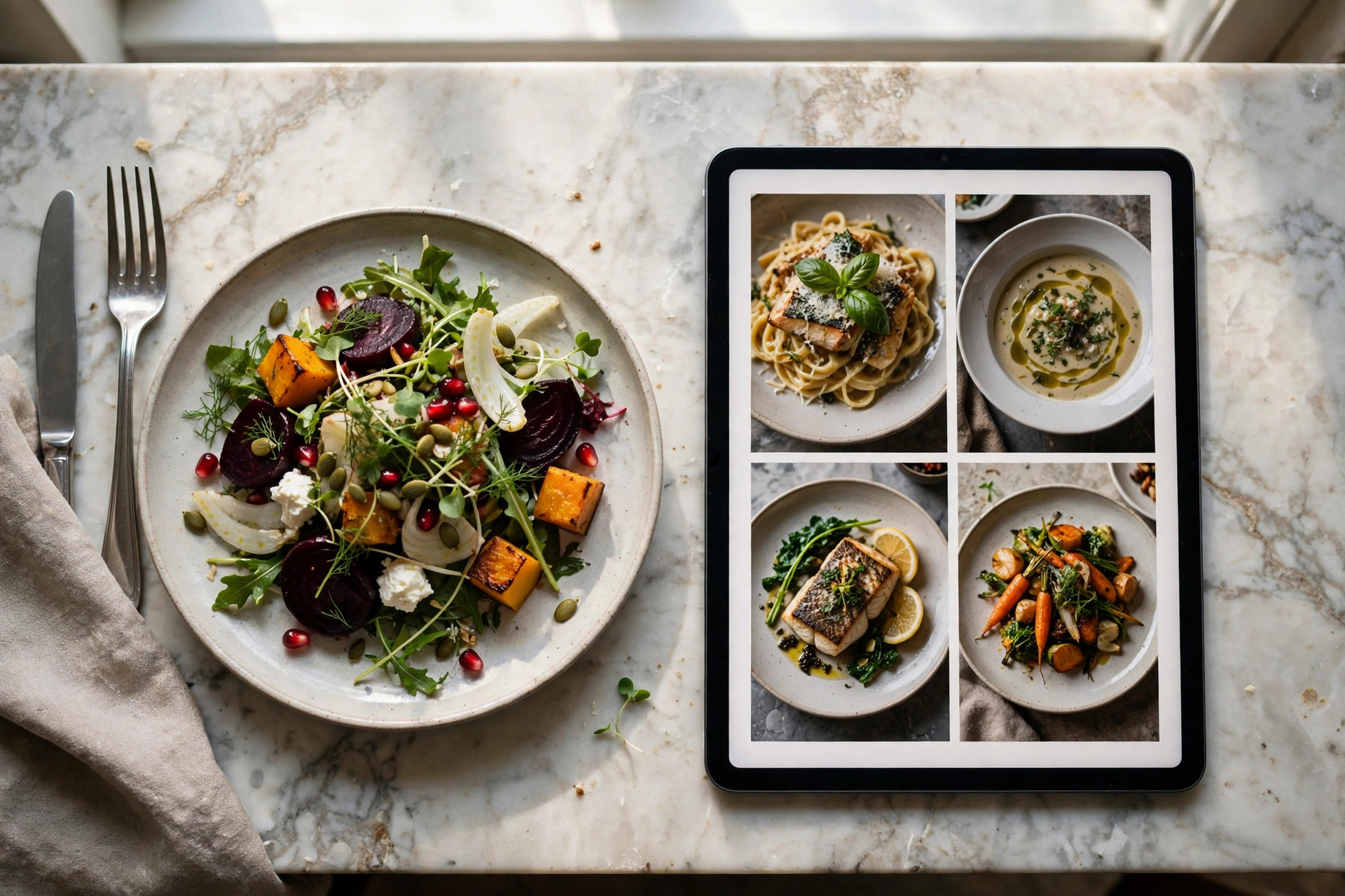 Surfplatta med digital restaurangmeny på ett marmorbord bredvid en serverad rätt