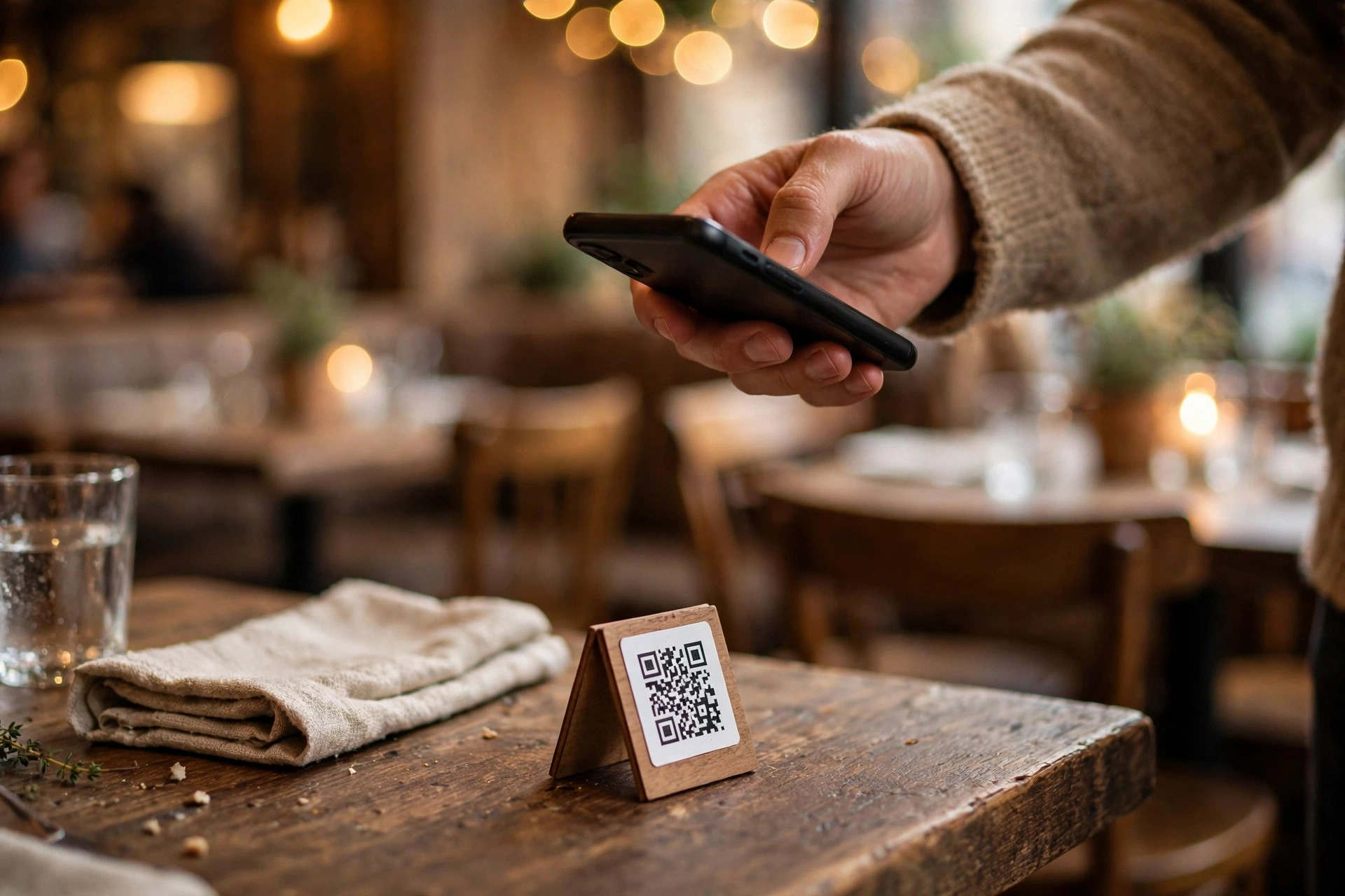 Gäst som skannar QR-kod till digital meny på ett restaurangbord
