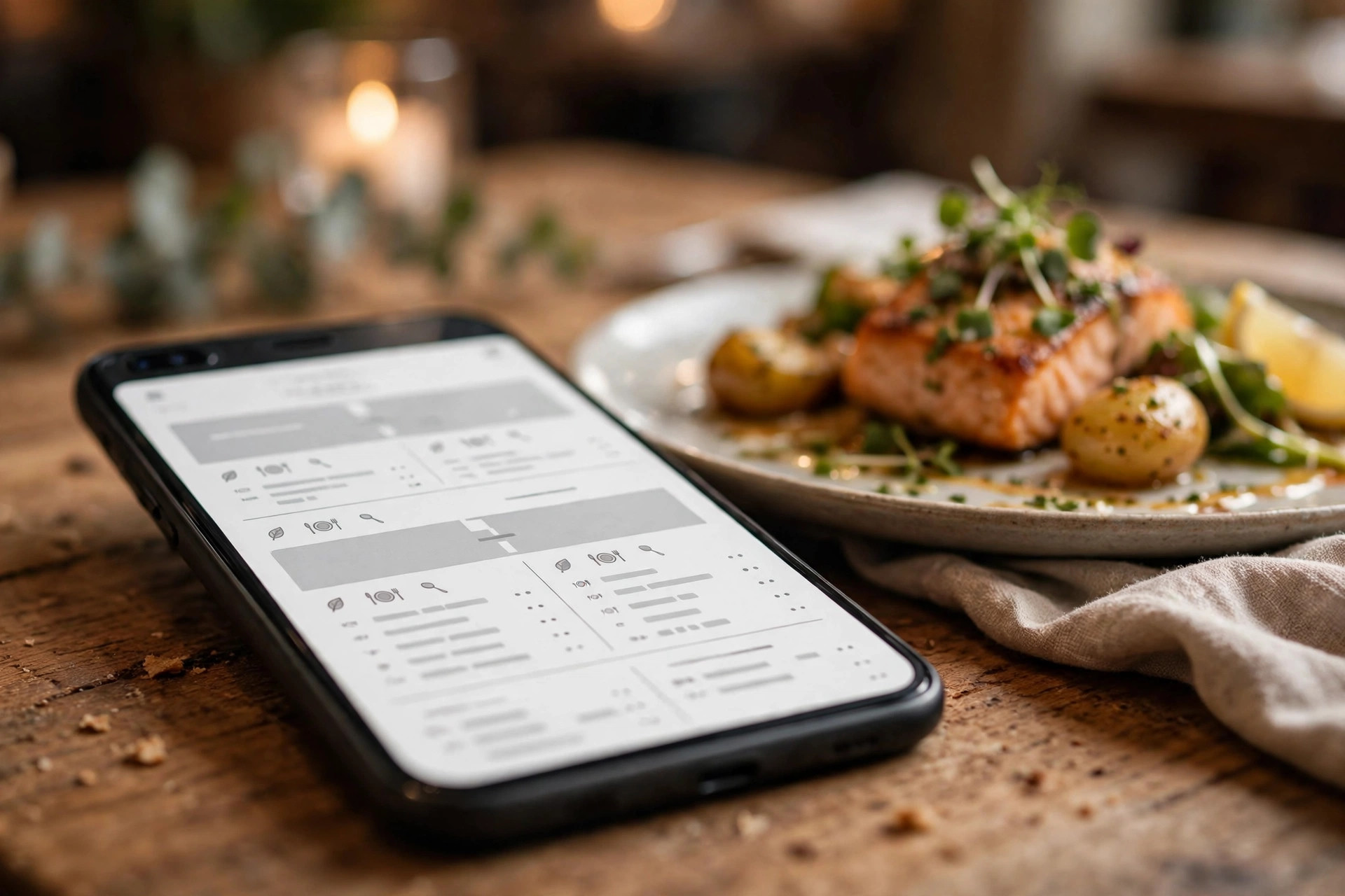 Mobiltelefon som viser en oversiktlig digital restaurantmeny på et trebord ved siden av en servert rett