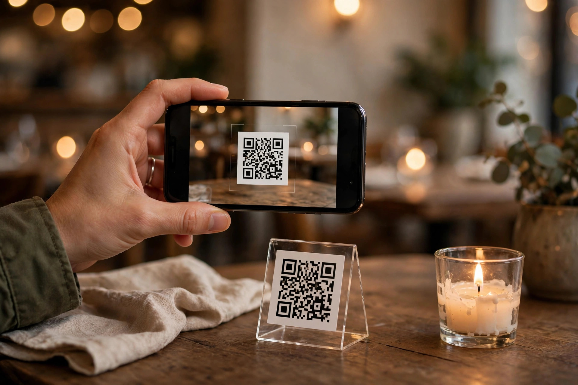 Gjest skanner QR-kode på bordet med mobiltelefonen for å åpne restaurantens digitale meny