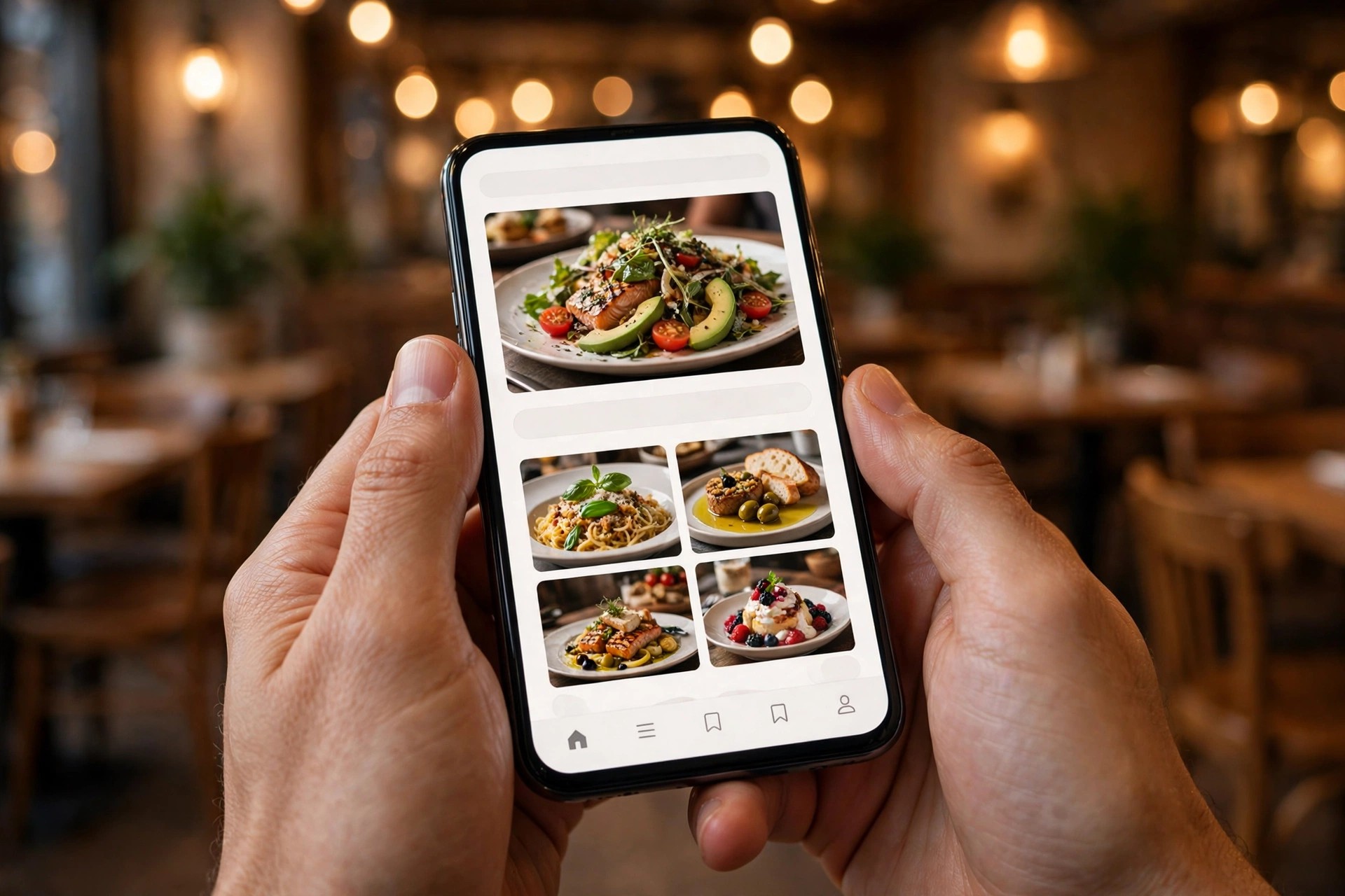 Hands holding a smartphone showing a restaurant homepage, with a warmly lit restaurant interior in the background