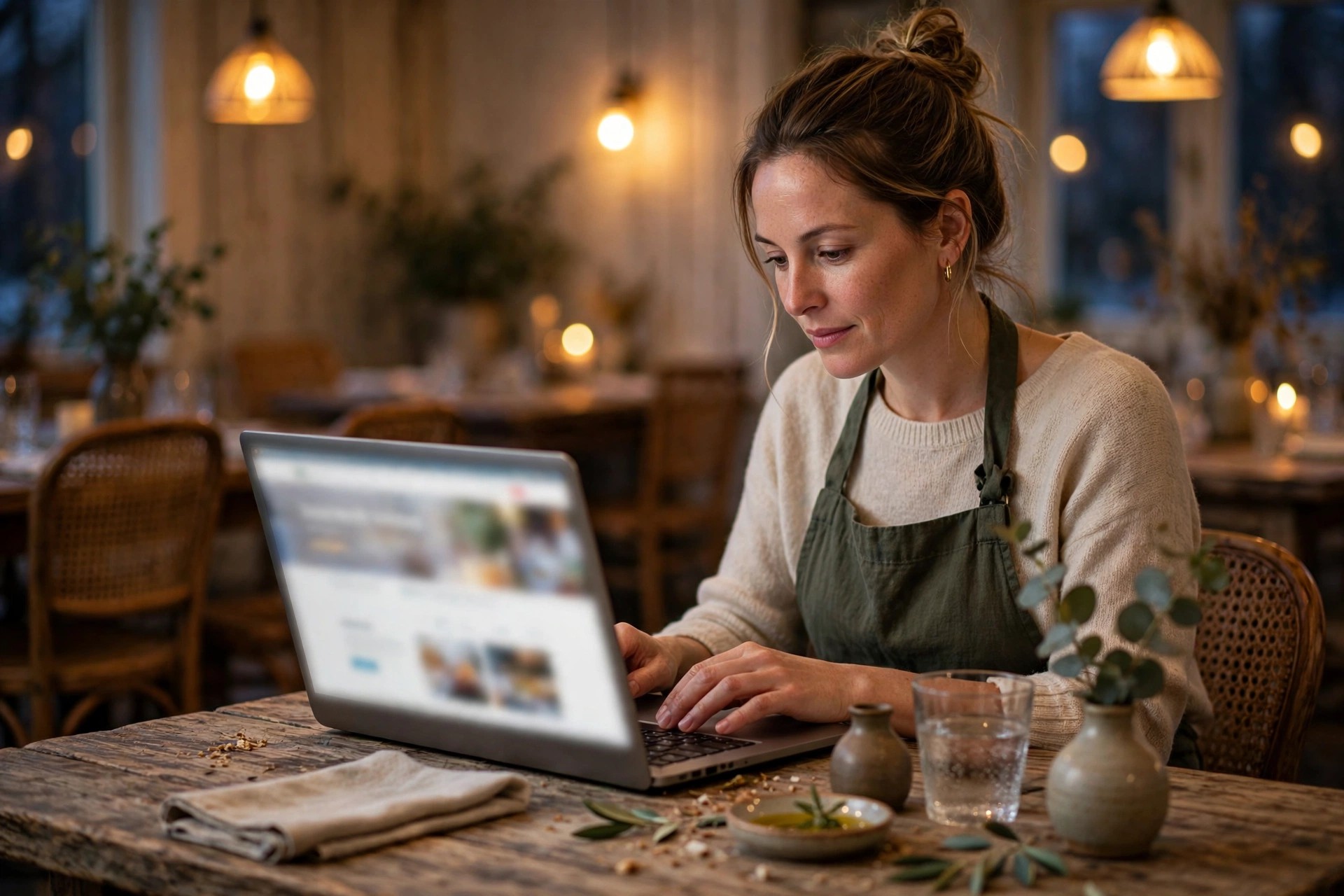 A restaurant owner reviewing a website on a laptop at a table in a warm, cozy restaurant dining room