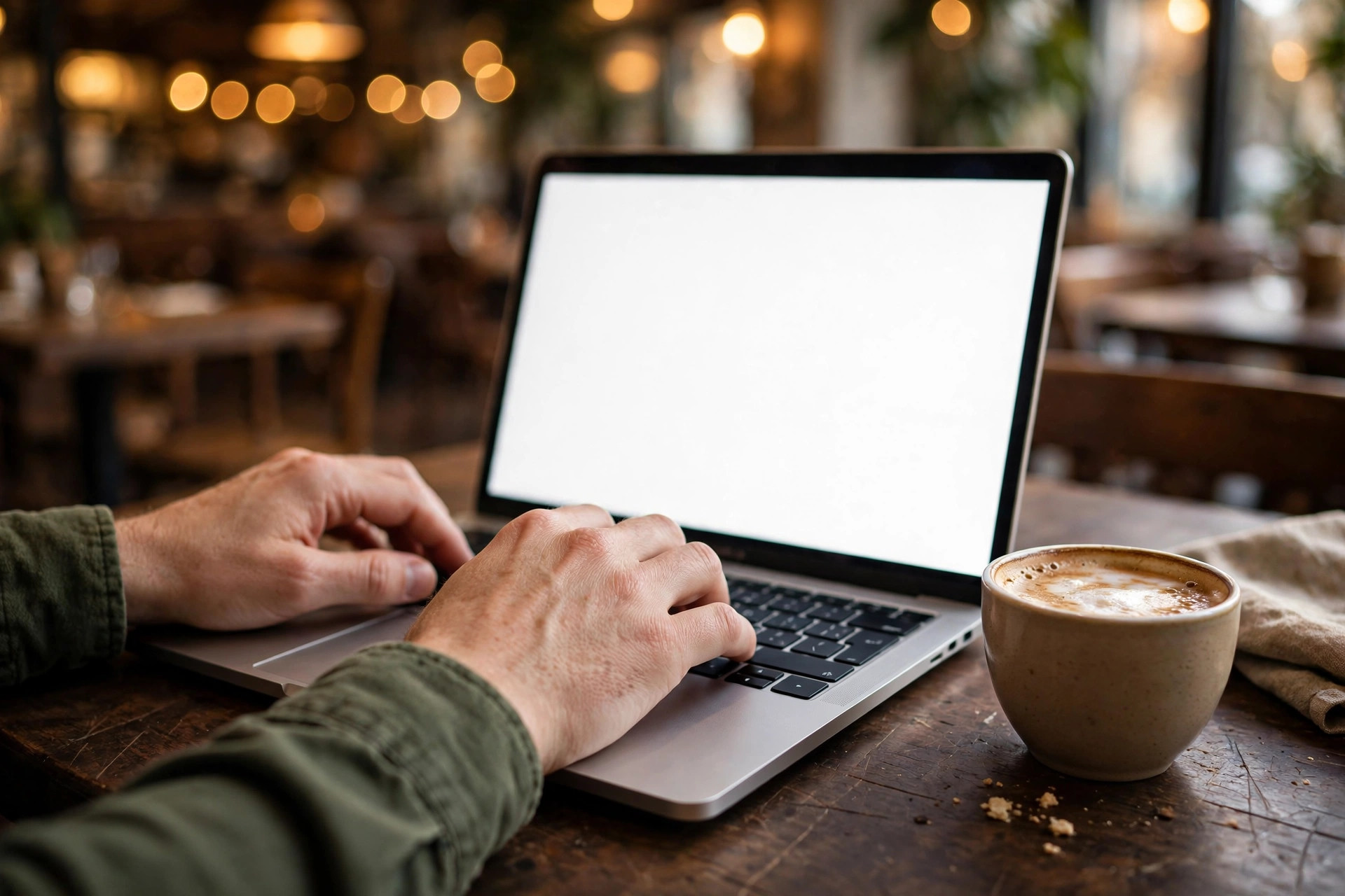 Händer som skriver på en laptop vid ett cafébord — research är första steget när du väljer domännamn