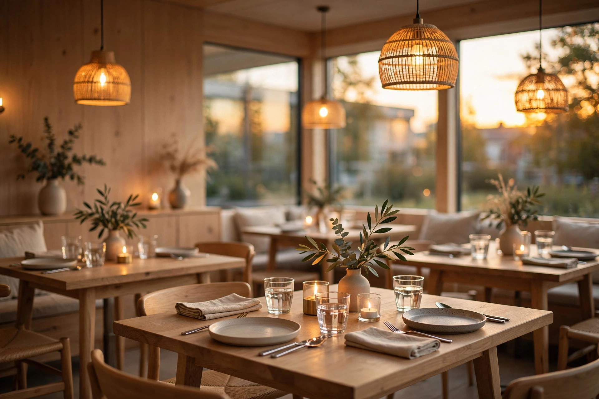 Mysig skandinavisk restaurangmatsal i kvällsljus med tända ljus och dukade bord
