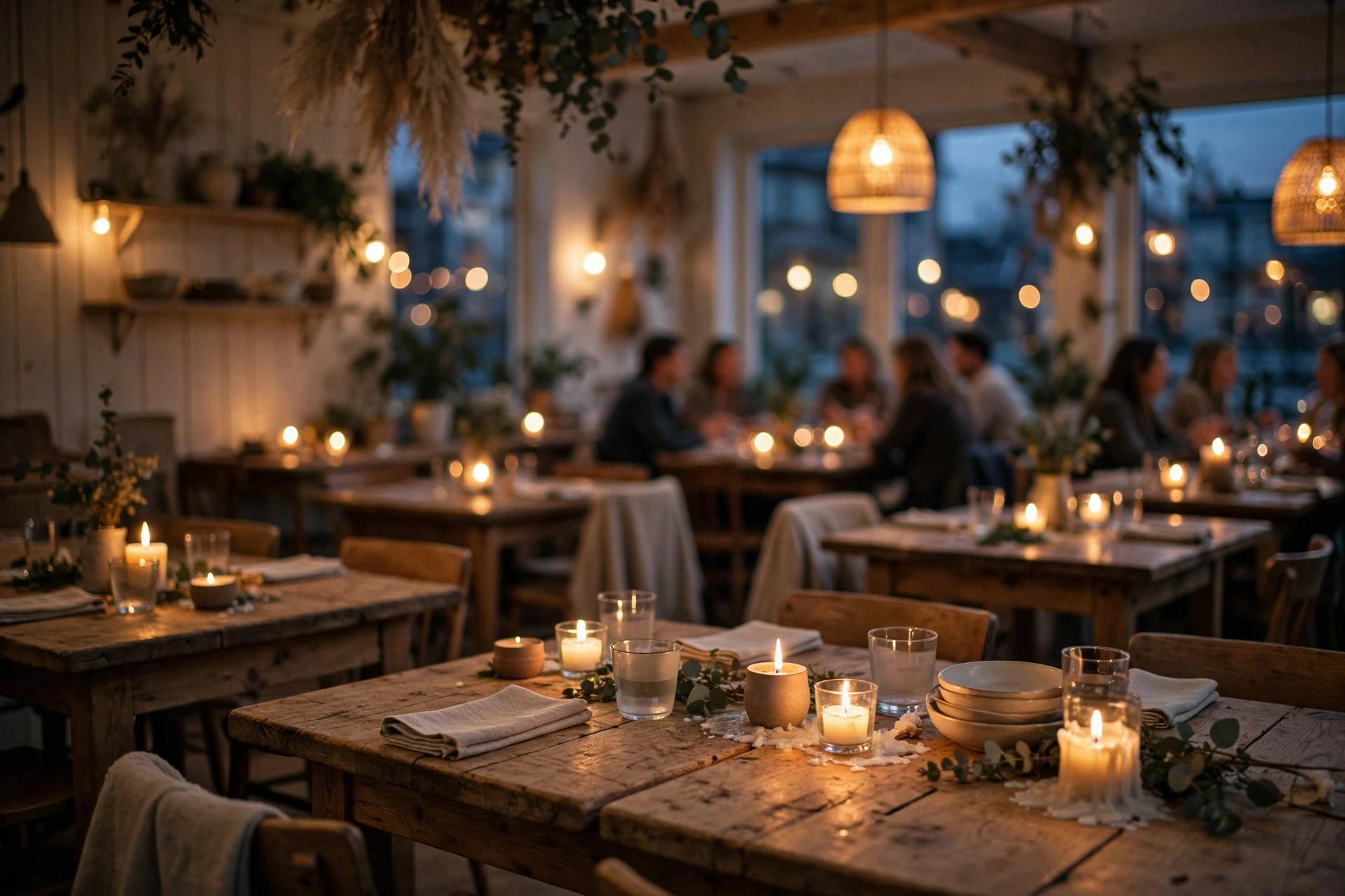 Stemningsfull restaurantsal i skumringstimen med levende lys på trebord