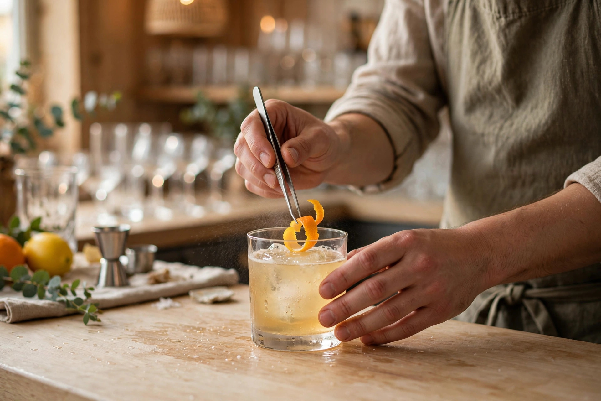 Bartender legger siste hånd på en cocktail med sitrusskall i en skandinavisk bar