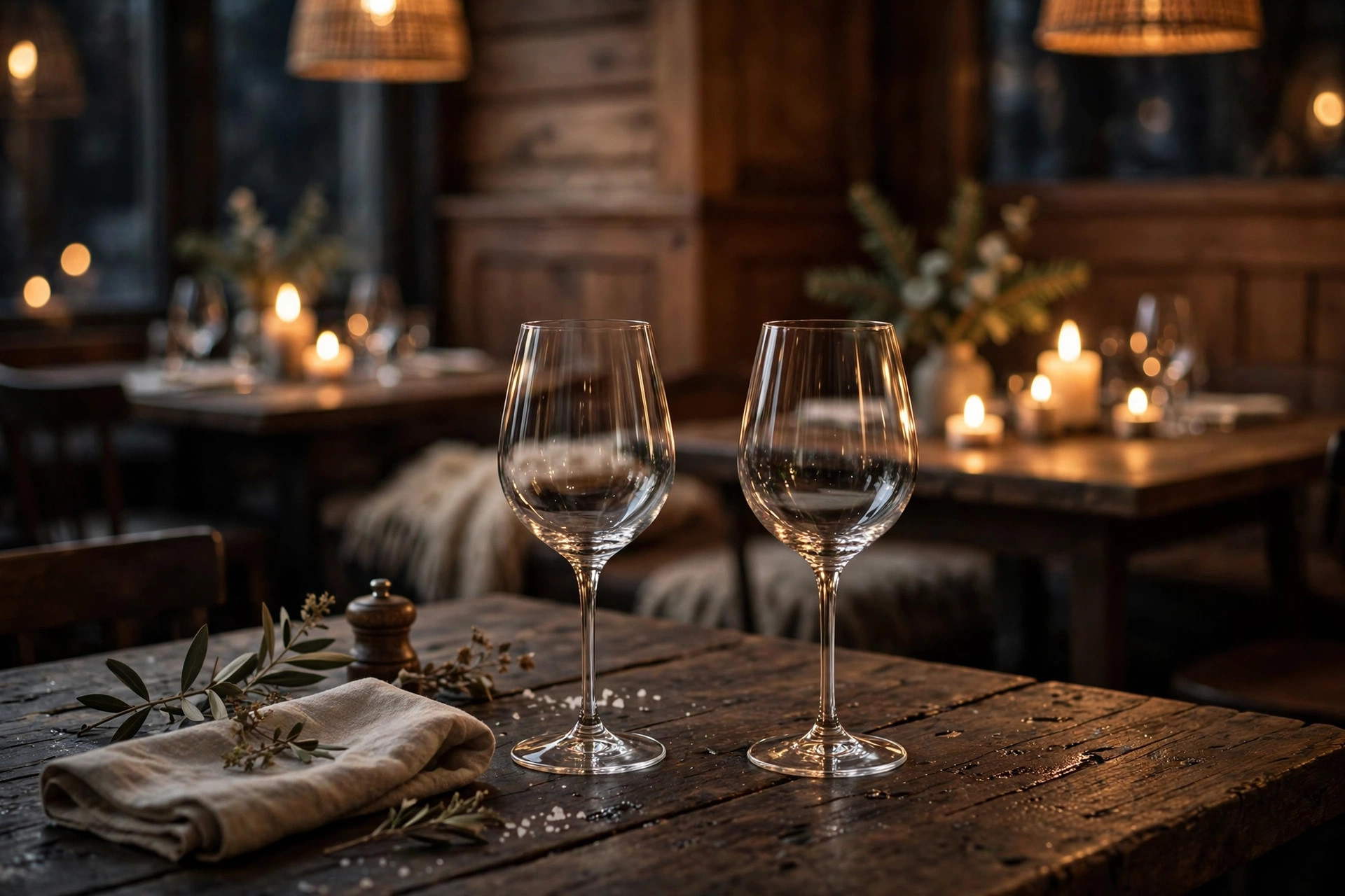 To vinglass på et mørkt trebord i en stemningsfull norsk restaurant