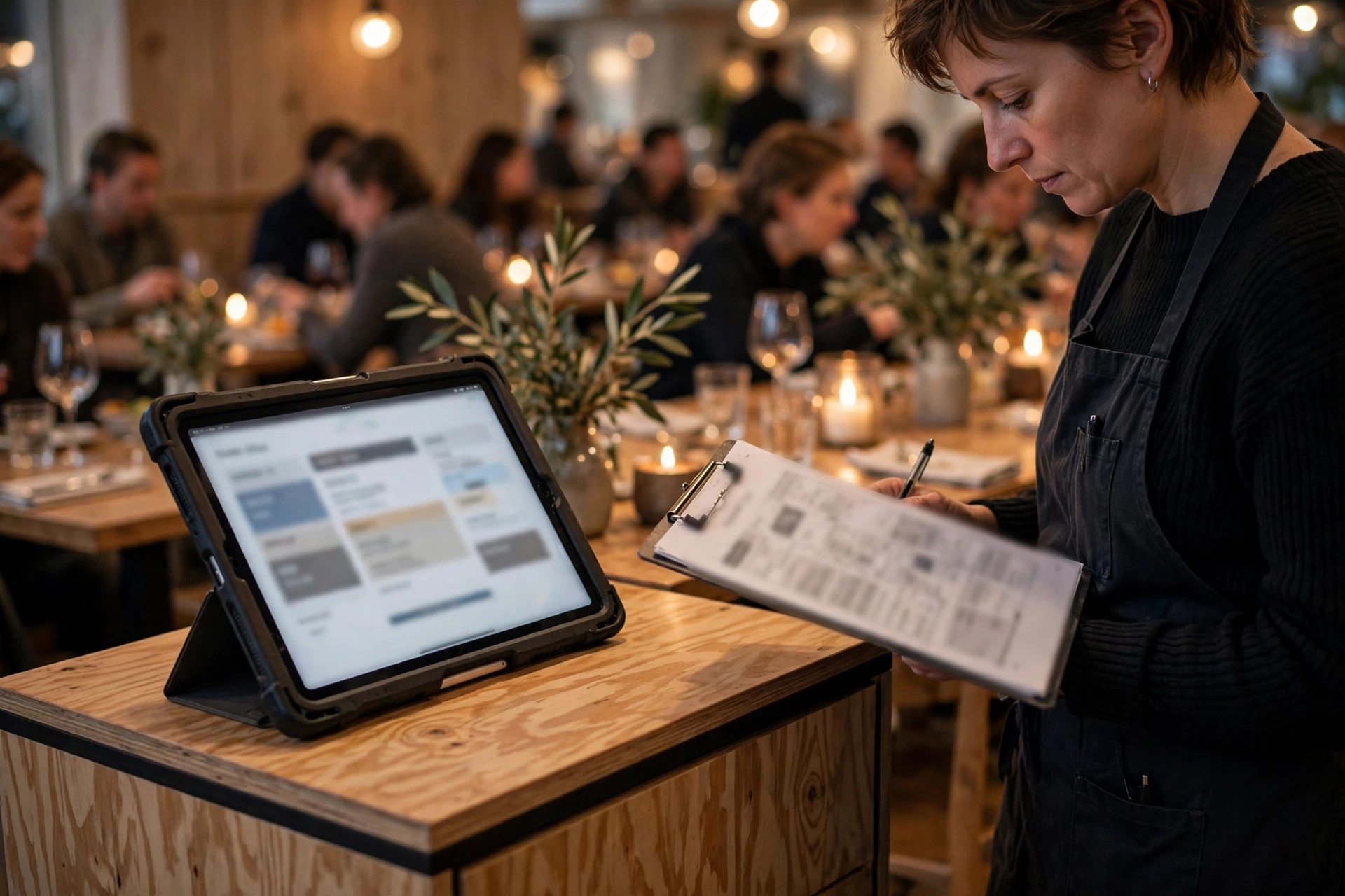 Värdbord i en nordisk restaurang med surfplatta för bokningshantering – personalen har full koll på kvällens sittningar
