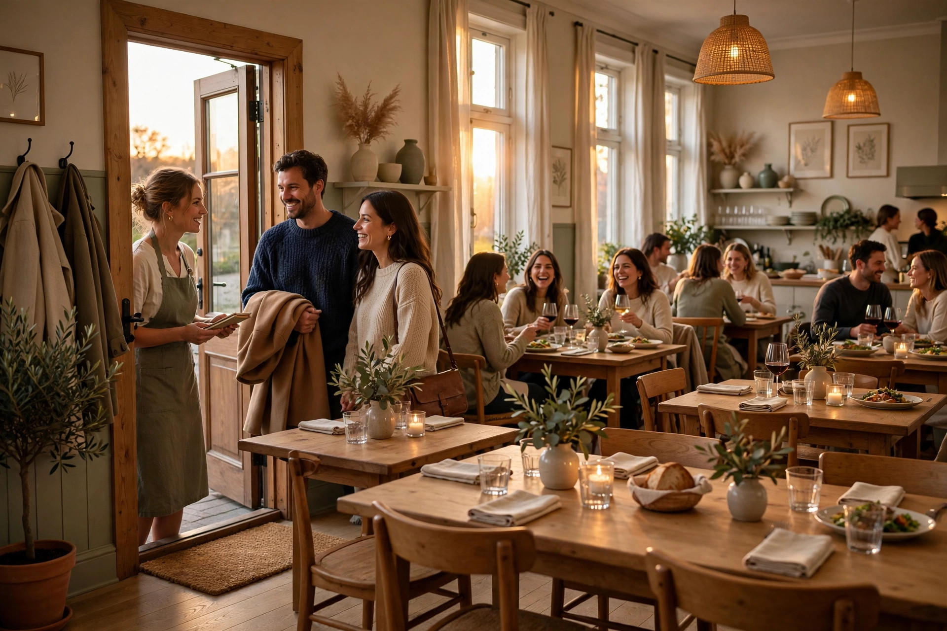 Varm skandinavisk restaurangsal i gyllene timmen – en värdinna tar emot drop-in-gäster medan andra bord är reserverade