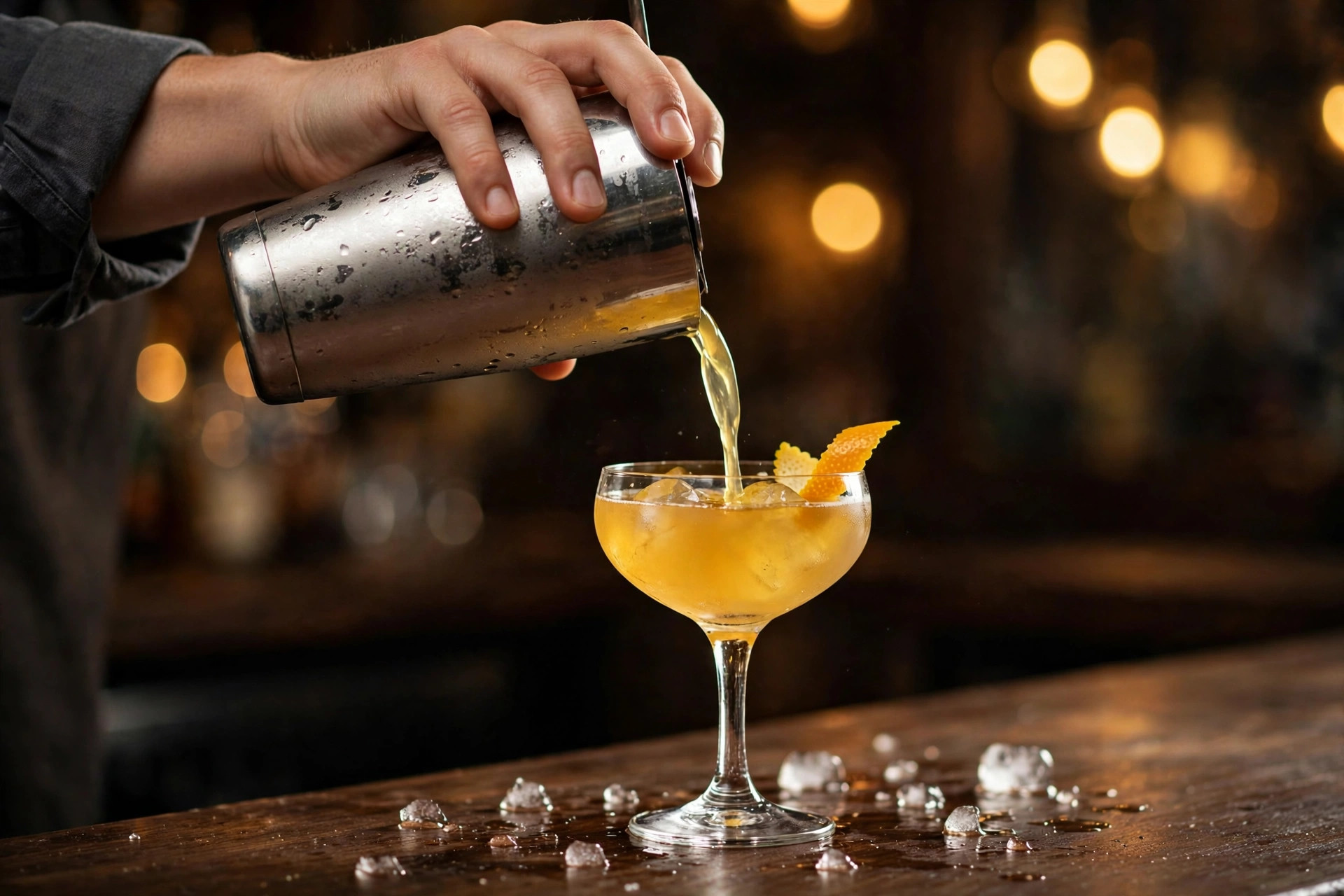 Bartender häller upp en cocktail från en shaker i ett coupeglas på en bardisk