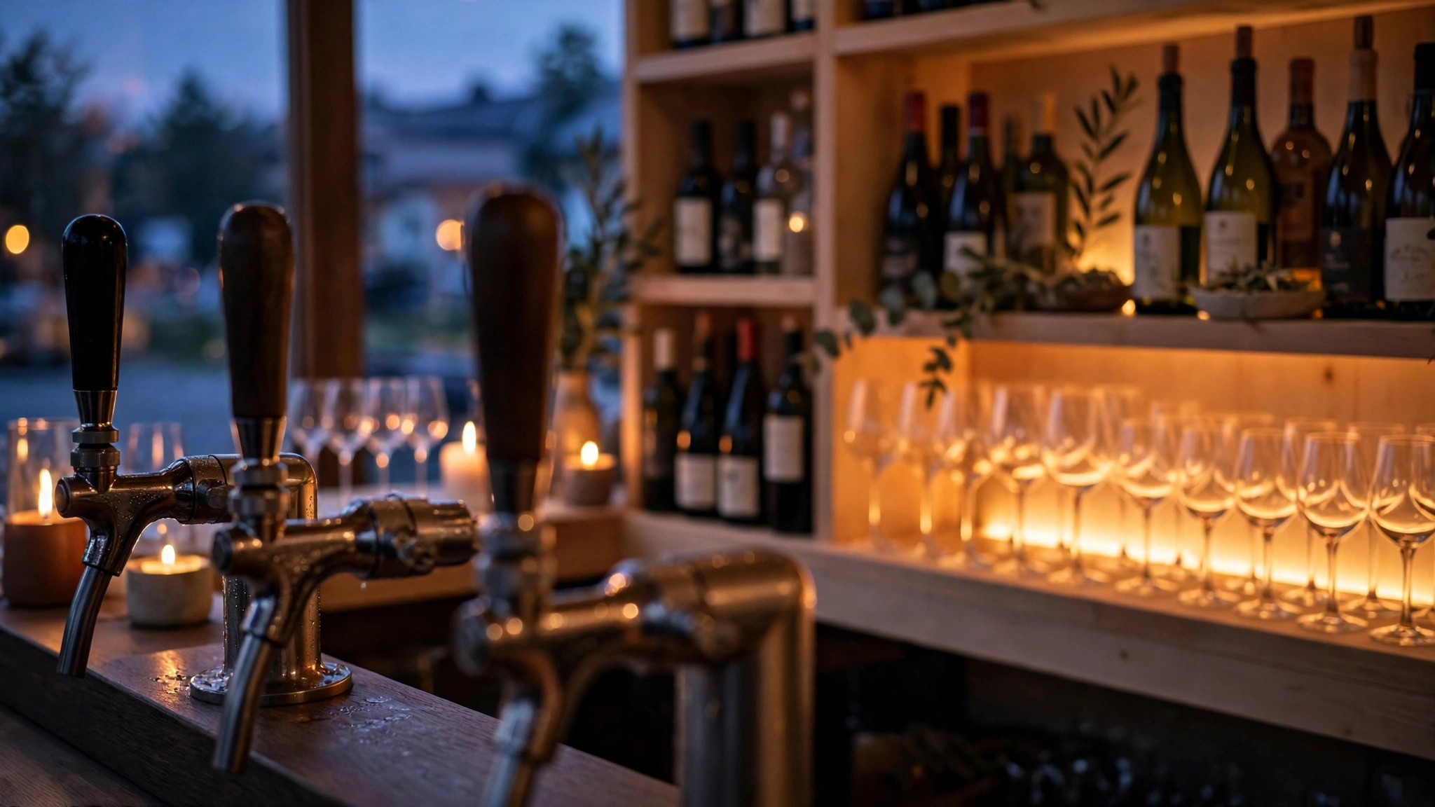 Varmt upplyst restaurangbar med vinglas, vinflaskor på hyllor och öltappar i skymningen