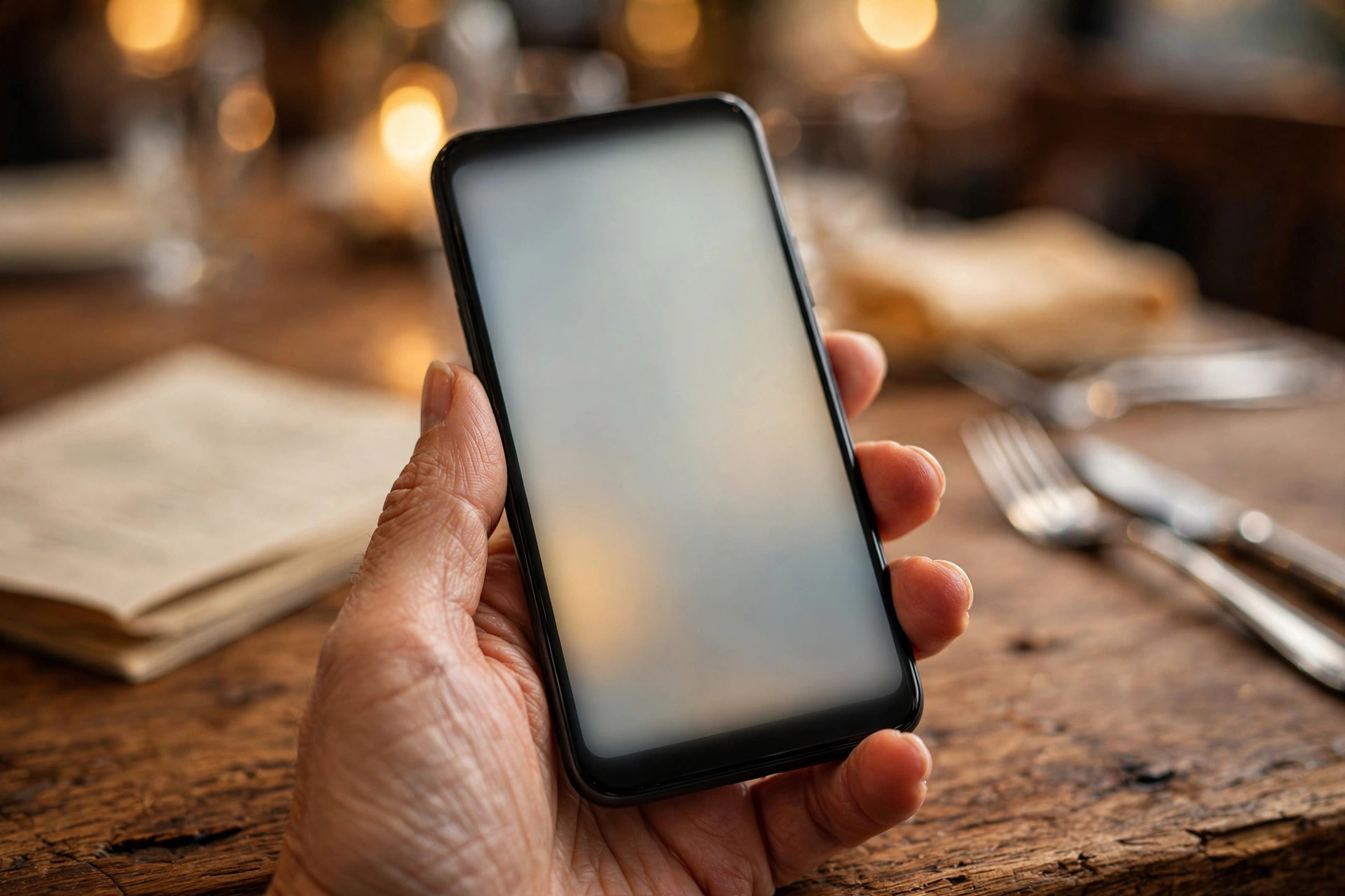 Hånd holder en smarttelefon med uskarp skjerm over et restaurantbord
